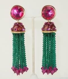 Pink & Green Beaded Tassel Earrings, 1980’s