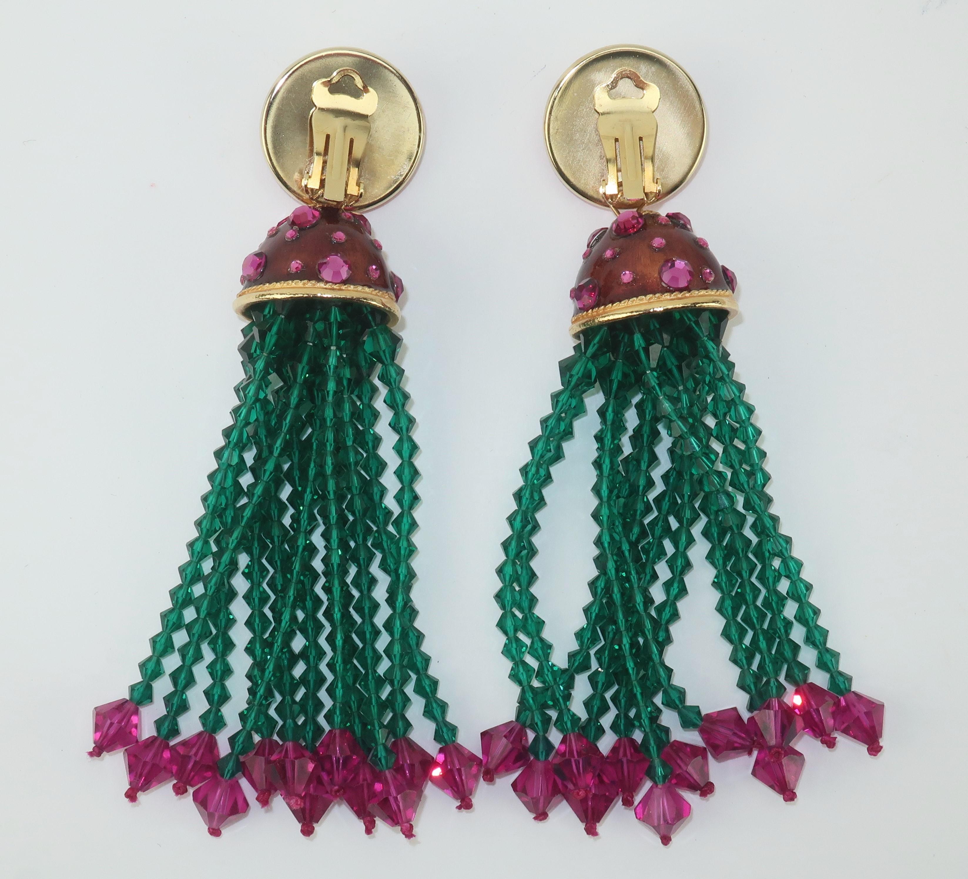 Modern Pink & Green Beaded Tassel Earrings, 1980’s
