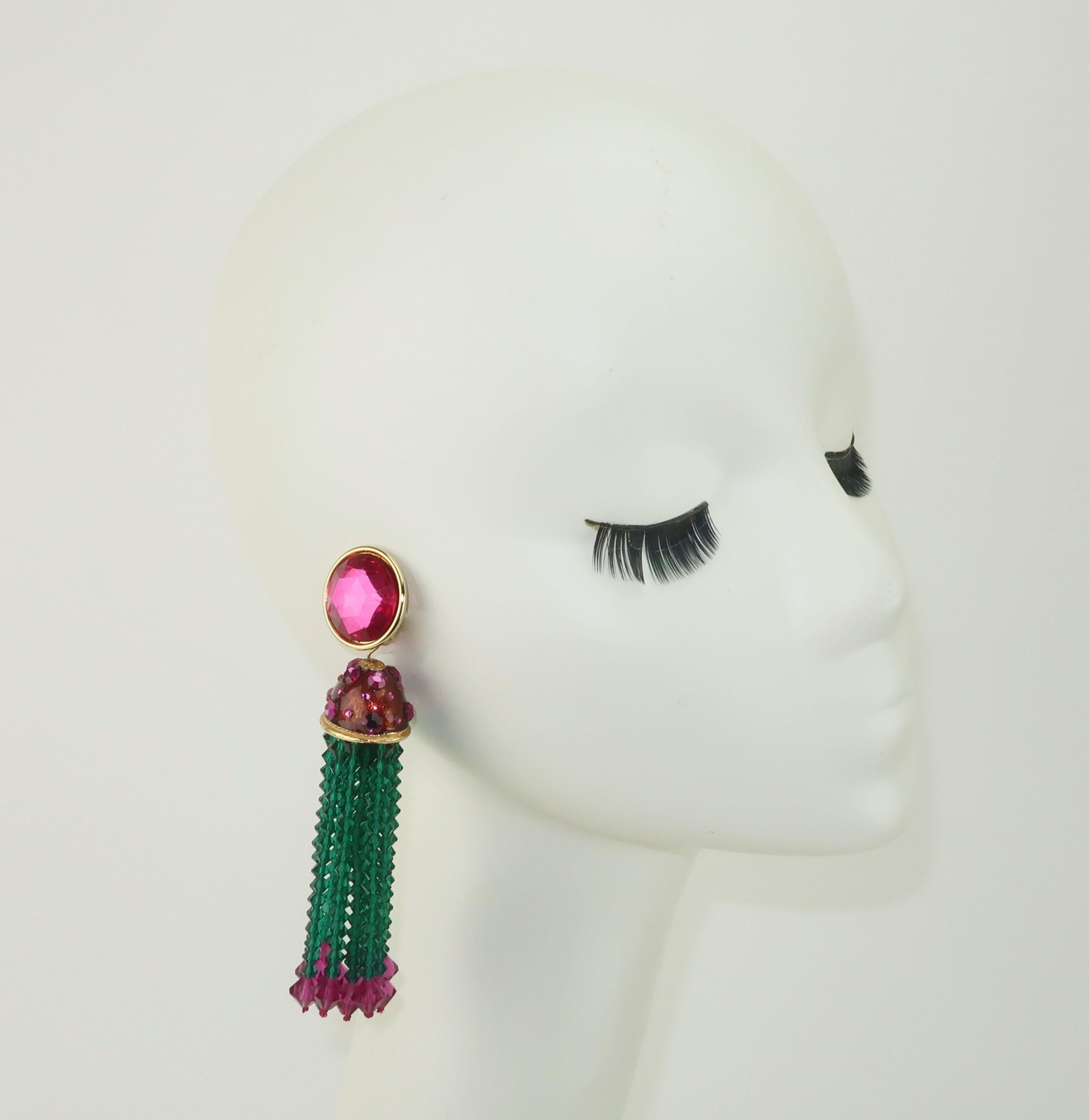 Pink & Green Beaded Tassel Earrings, 1980’s In Good Condition In Atlanta, GA