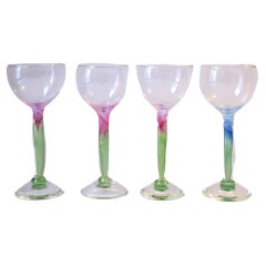 Pink Green Blue Wine or Cocktail Glasses Organic Design Signed, Set of 4