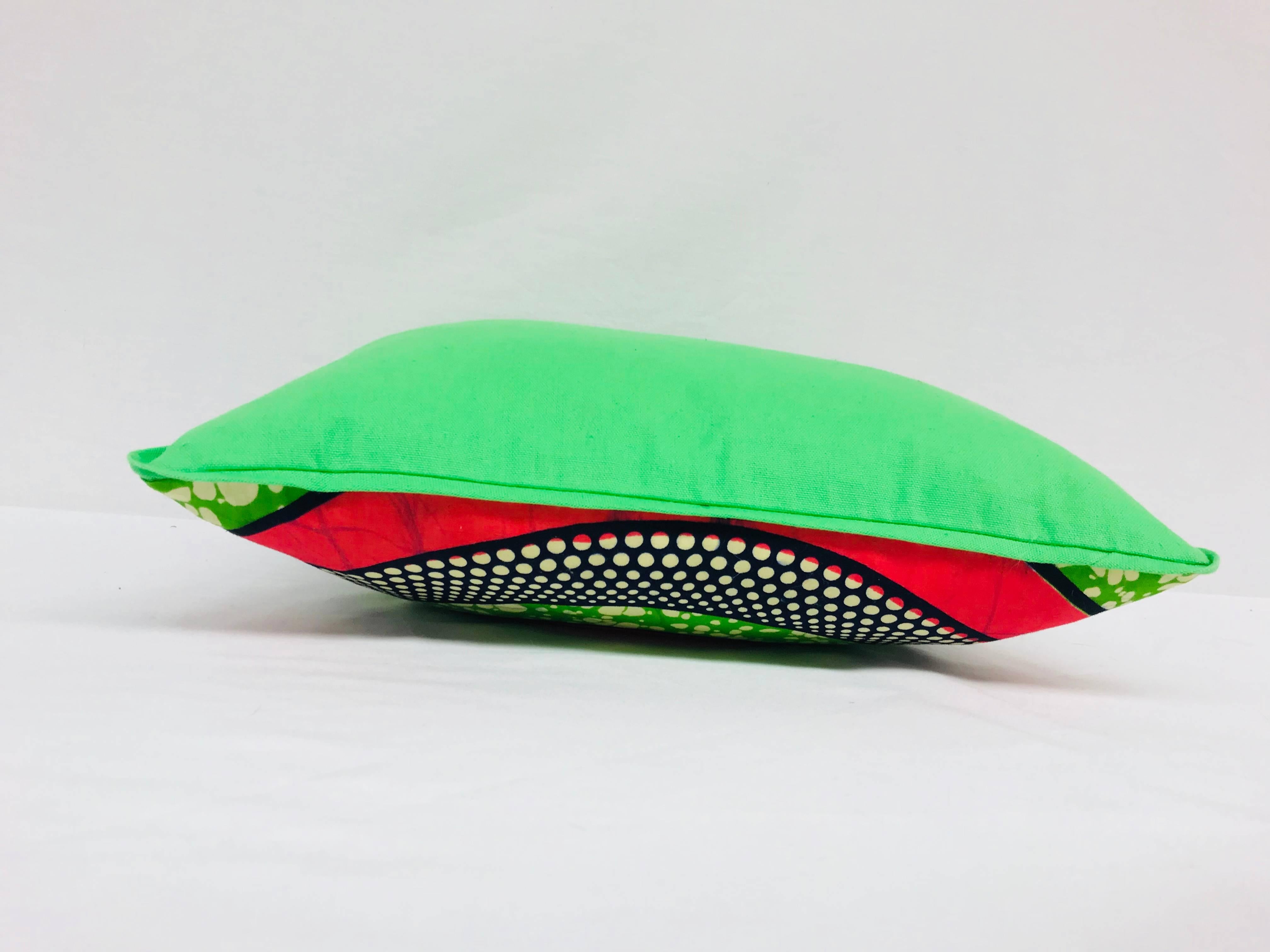 Folk Art Pink/Green Bullseye and Green Backed African Wax Print Pillow For Sale