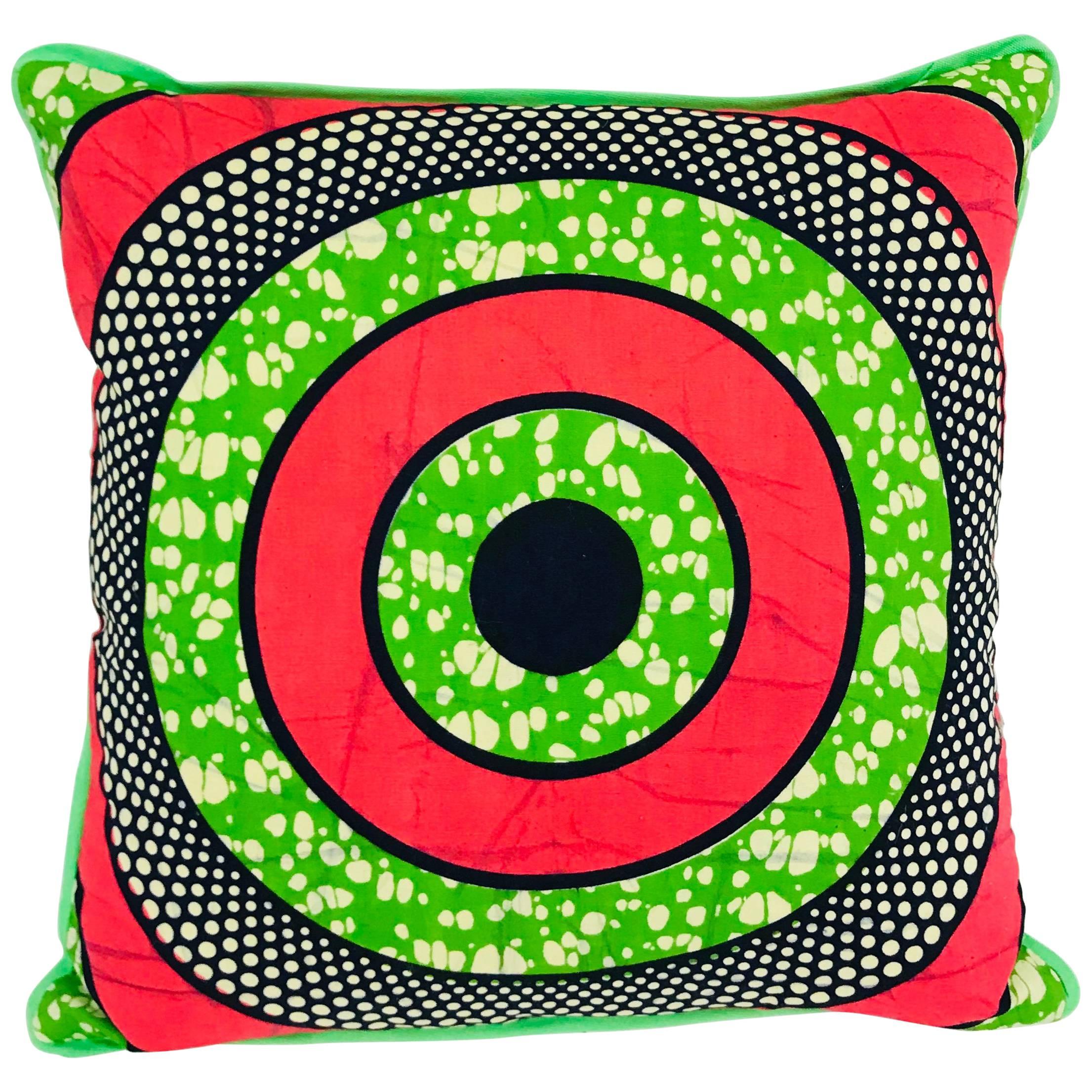 Pink/Green Bullseye and Green Backed African Wax Print Pillow For Sale