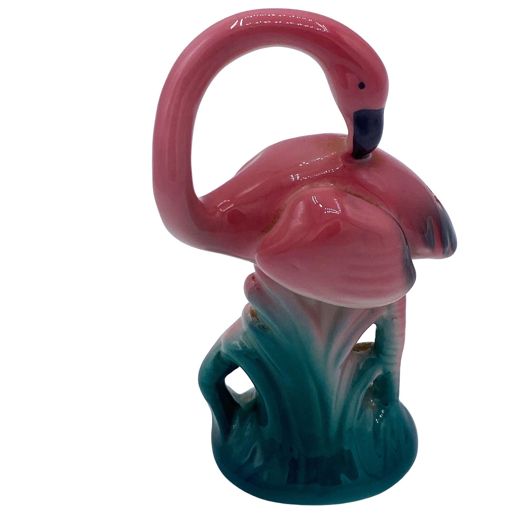Sri Lankan Pink & Green Flamingo Ceramic Tabletop Matching Salt & Pepper Shaker Set For Sale