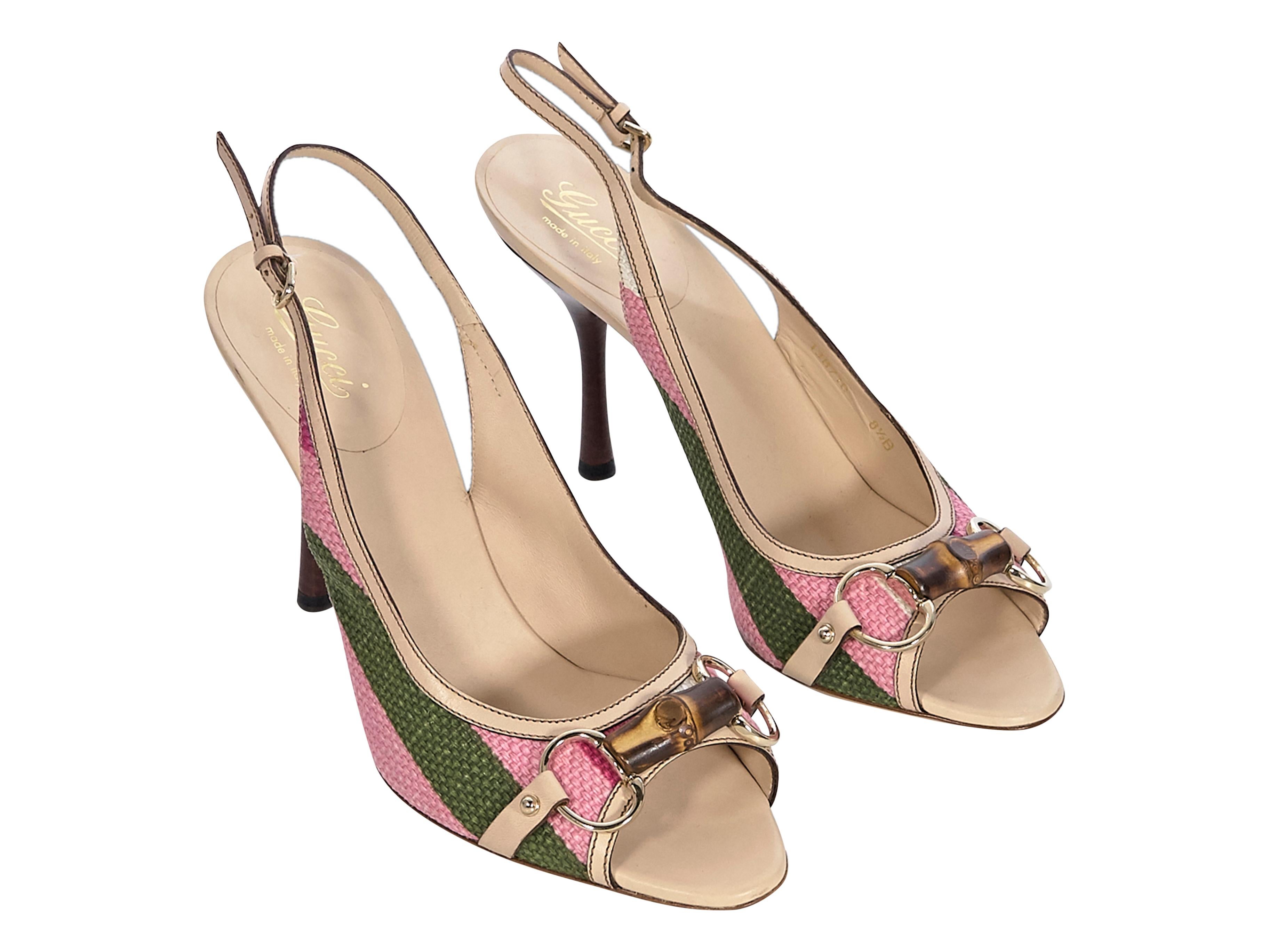 Product details:  Pink and green striped slingback heels by Gucci.  Adjustable slingback strap.  Bamboo horsebit detail accents vamp.  Peep toe.  Goldtone hardware.  3.5