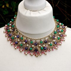 Pink Green Purple Glass Beads Faux Pearl Filigree Collar Necklace circa 1950s