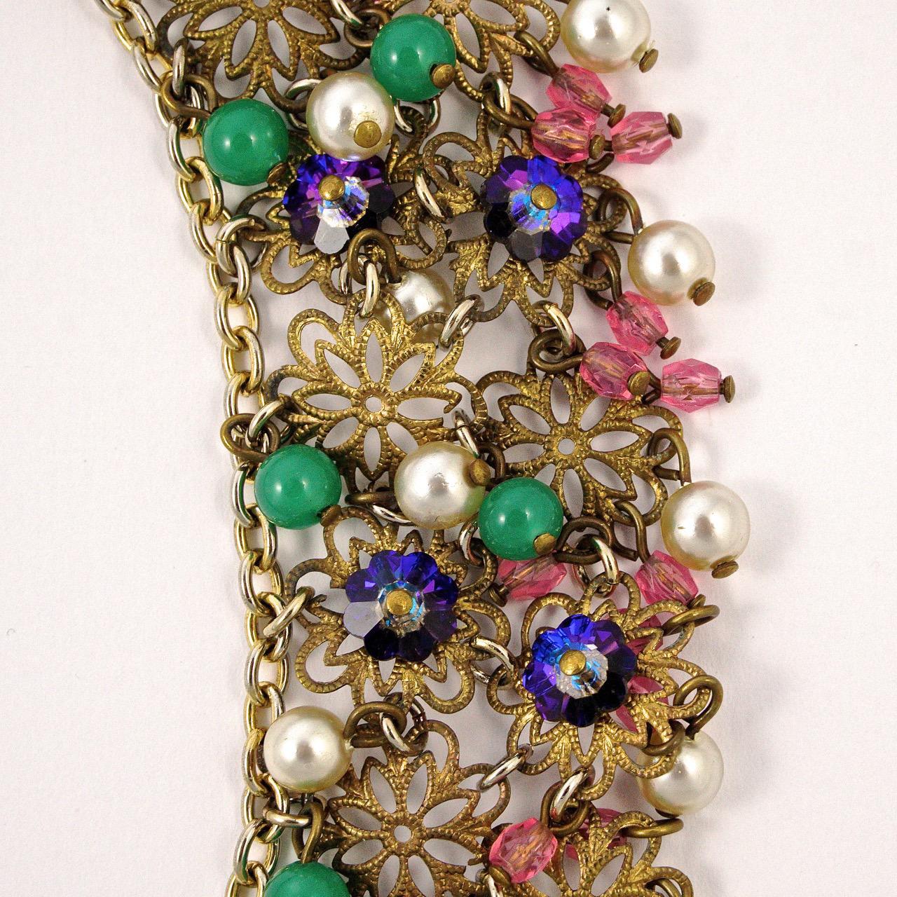 Women's or Men's Pink Green Purple Glass Beads Faux Pearl Filigree Collar Necklace circa 1950s For Sale