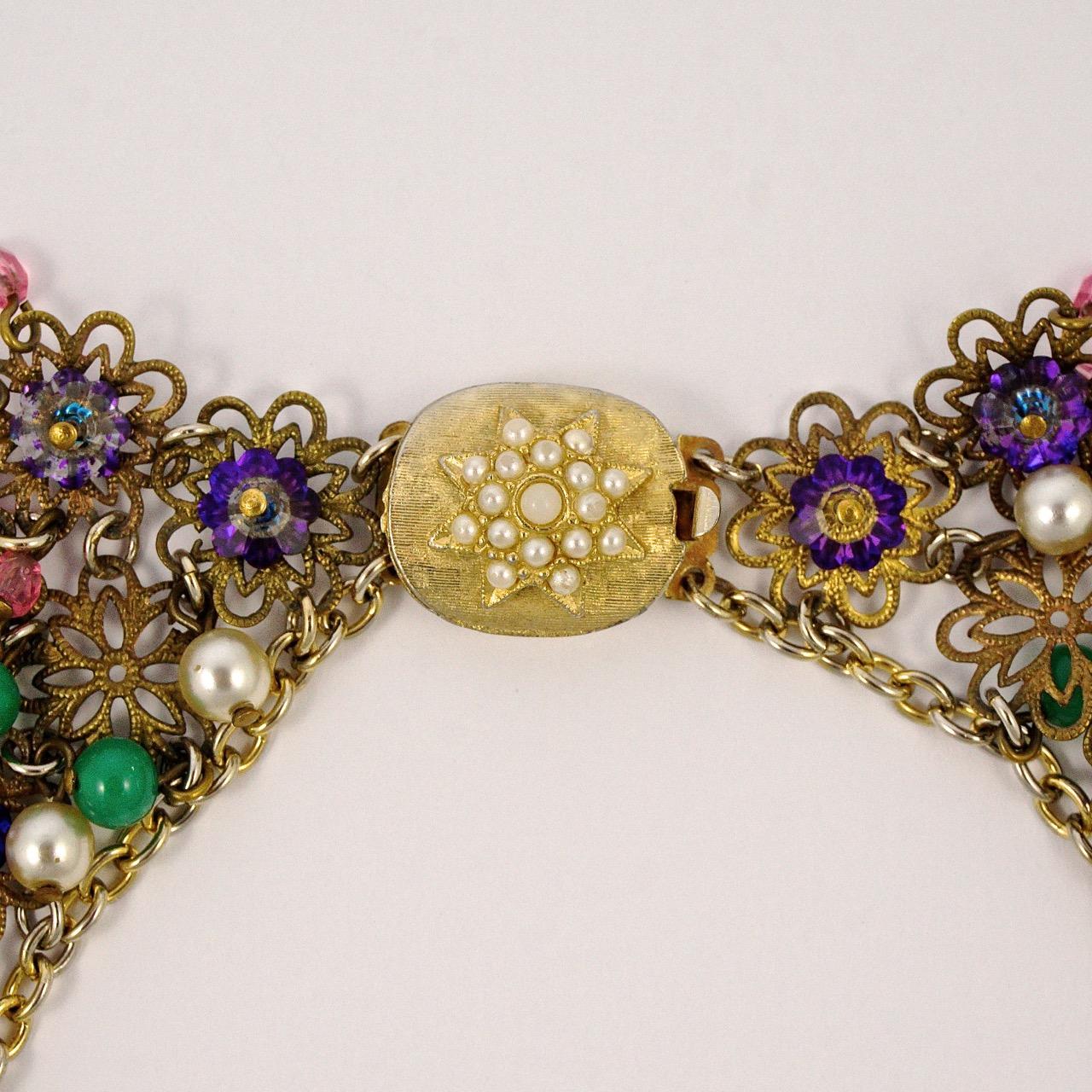 Pink Green Purple Glass Beads Faux Pearl Filigree Collar Necklace circa 1950s For Sale 1