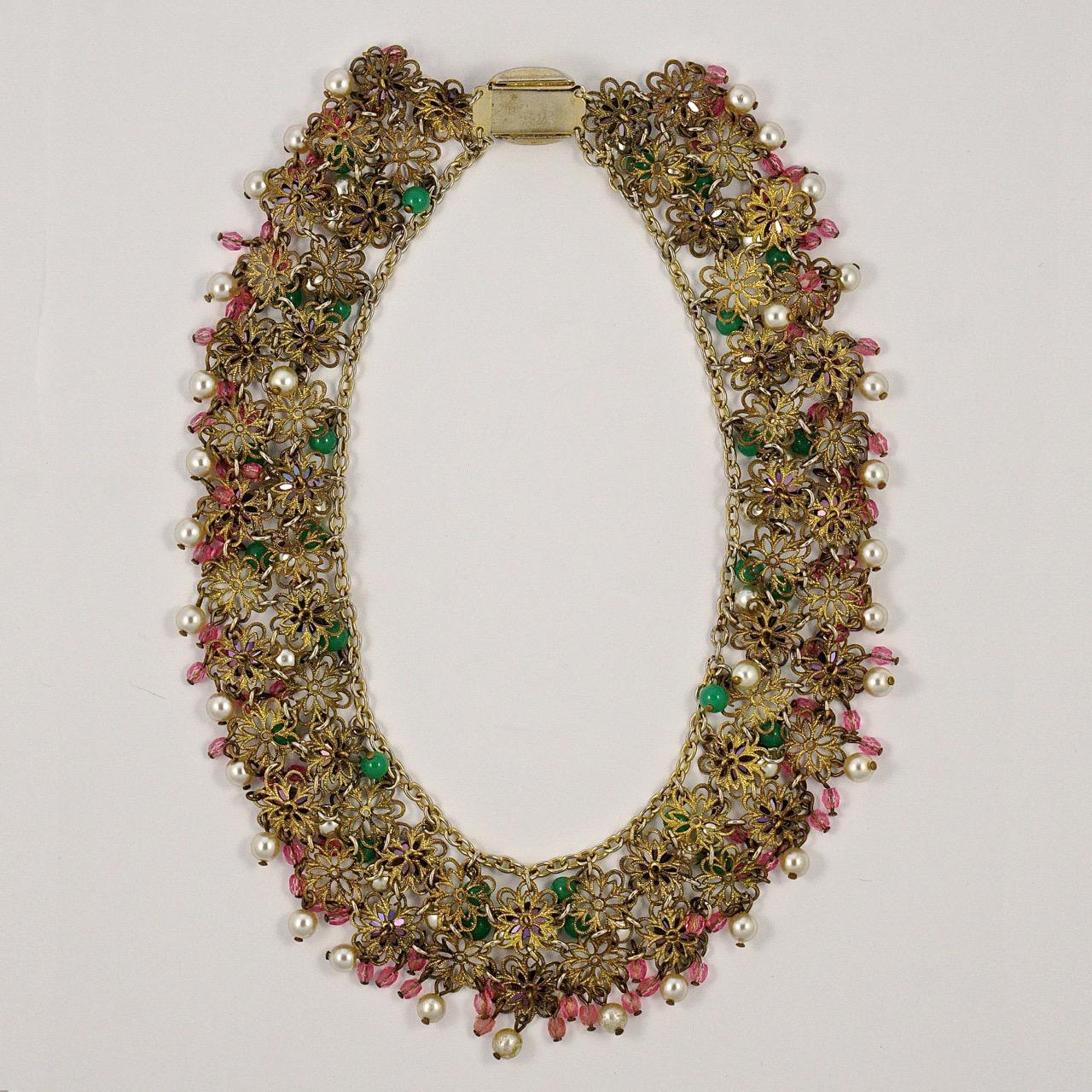Pink Green Purple Glass Beads Faux Pearl Filigree Collar Necklace circa 1950s For Sale 3