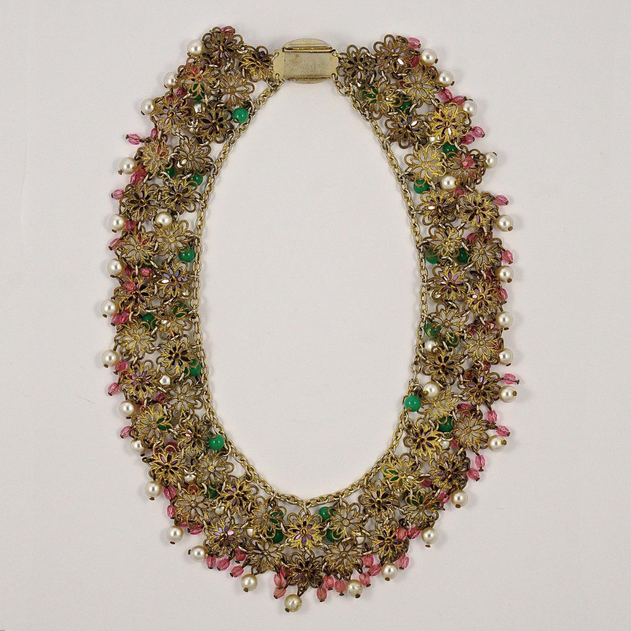 Collier de perles de verre rose, vert, violet et filigrane circa 1950 en vente 4