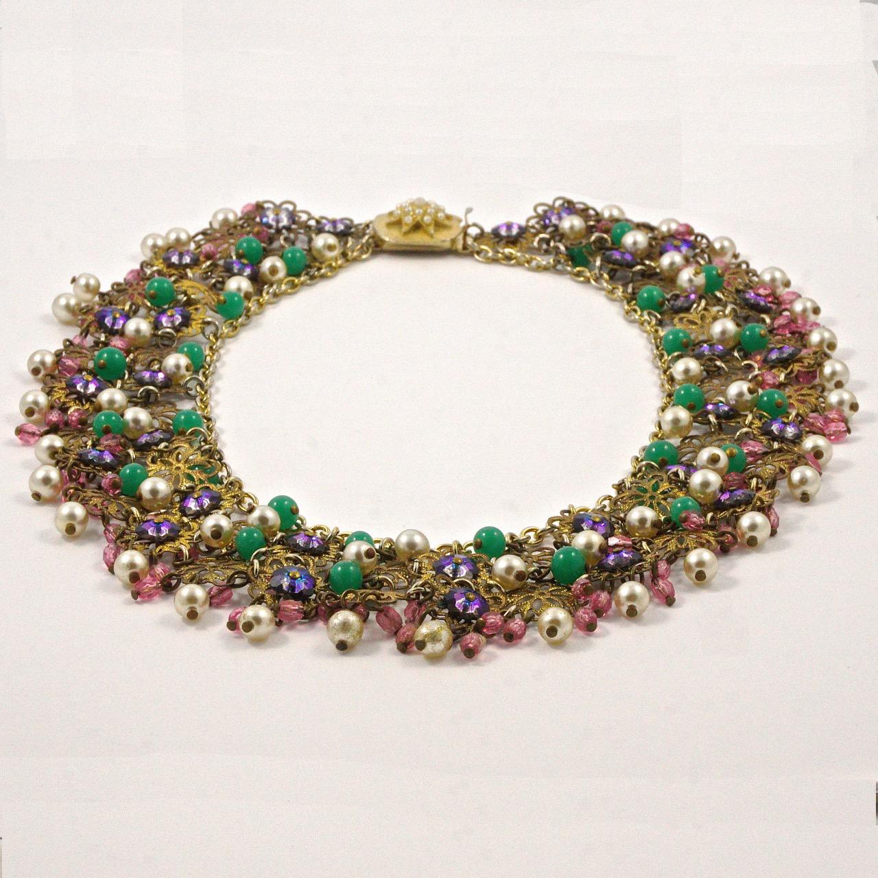 Pink Green Purple Glass Beads Faux Pearl Filigree Collar Necklace circa 1950s For Sale 4
