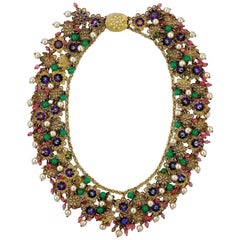 Pink Green Purple Glass Beads Faux Pearl Filigree Collar Necklace circa 1950s