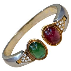 Pink & Green Tourmaline Diamond Cuff Bangle Bracelet 18kt Two Tone Gold 47 Gram