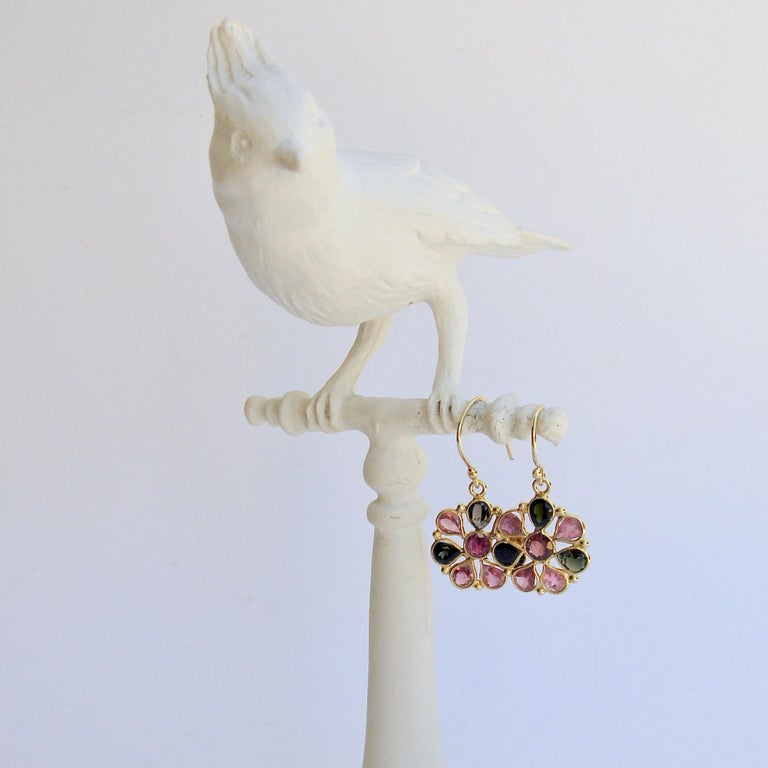 Romantic Pink/Green Tourmaline Flower Dangle Earrings - Pandora II Earrings For Sale