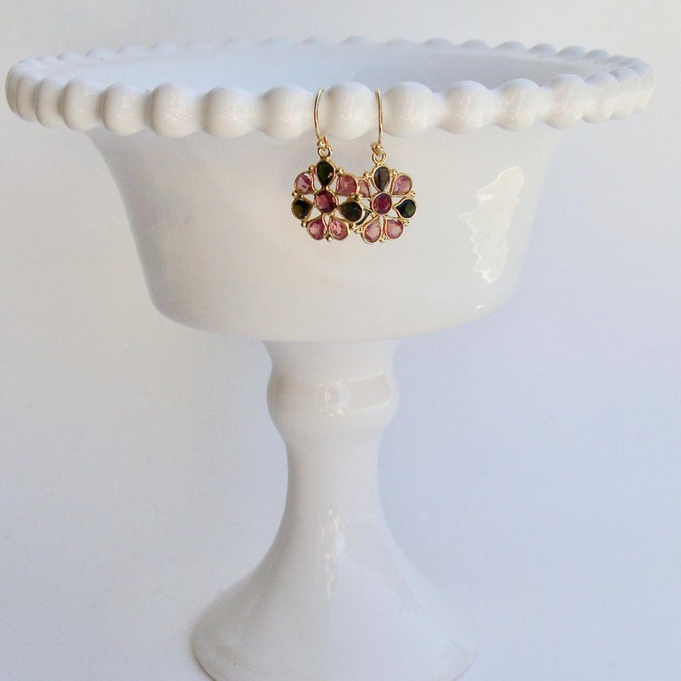 Pear Cut Pink/Green Tourmaline Flower Dangle Earrings - Pandora II Earrings For Sale