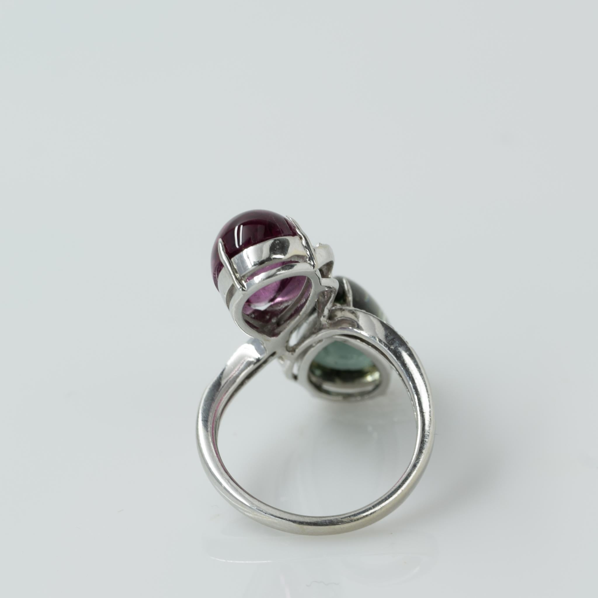Rosa & Grüner Turmalin Birnen-Cabochon-Cocktailring 14k Weißgold und Diamanten im Zustand „Gut“ in Addison, TX