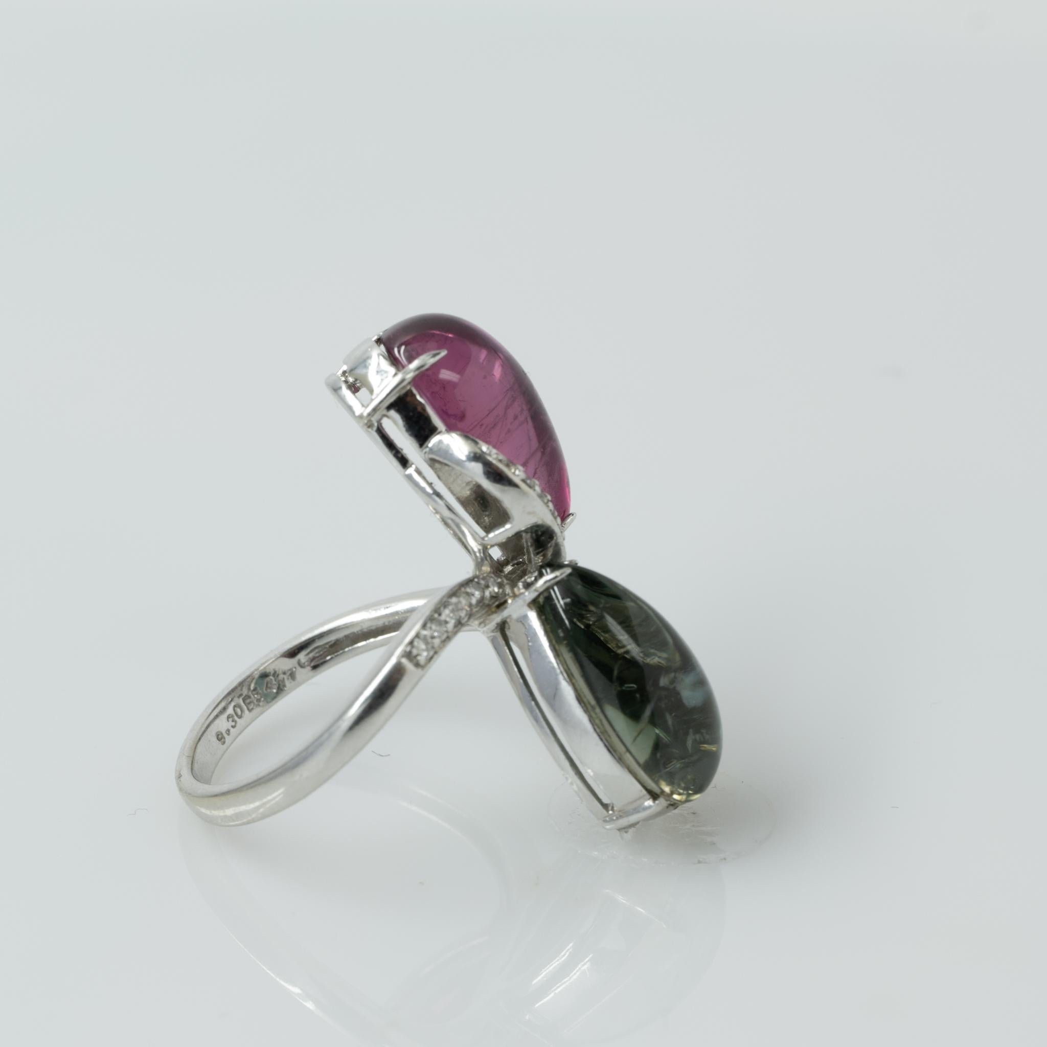 Rosa & Grüner Turmalin Birnen-Cabochon-Cocktailring 14k Weißgold und Diamanten Damen