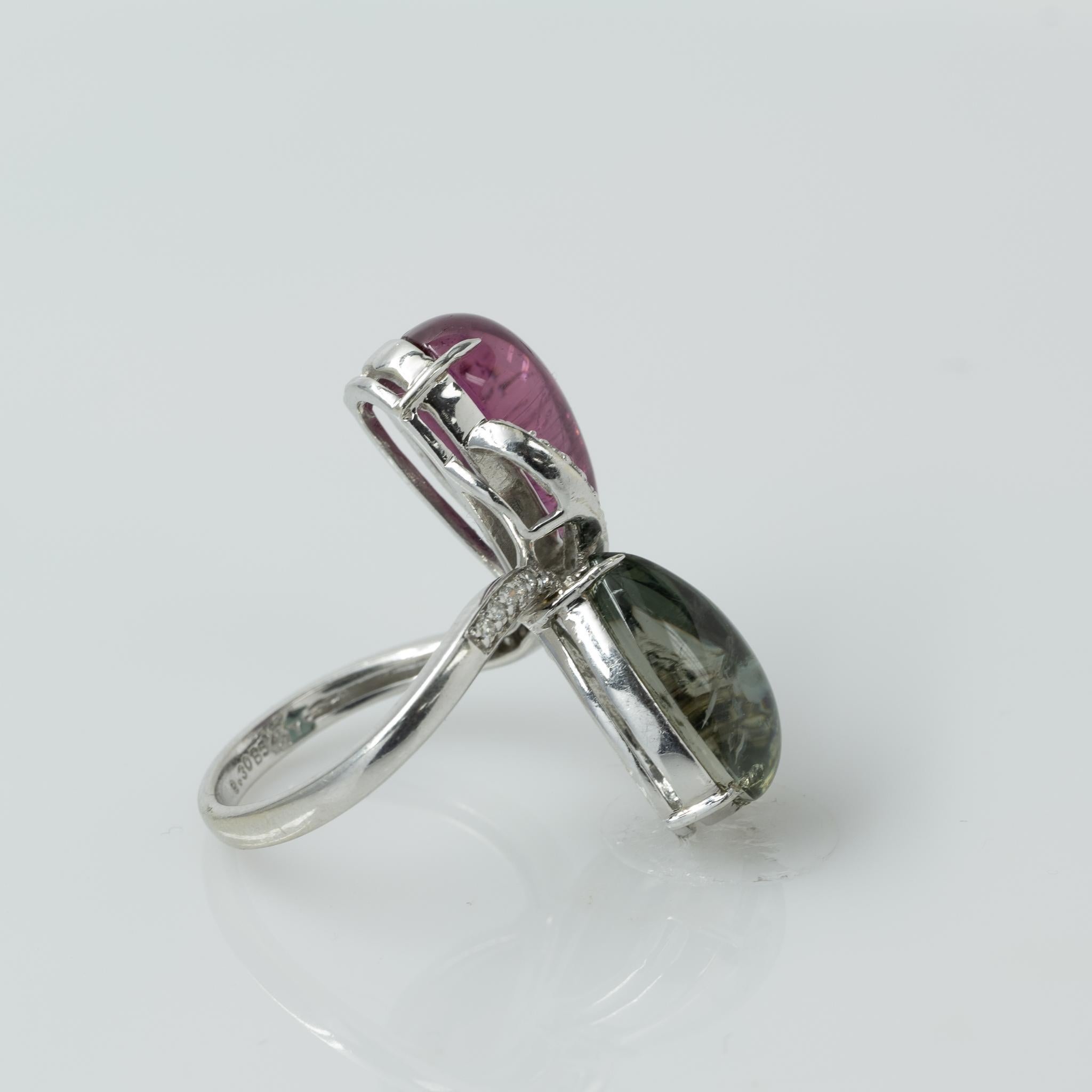Rosa & Grüner Turmalin Birnen-Cabochon-Cocktailring 14k Weißgold und Diamanten 1