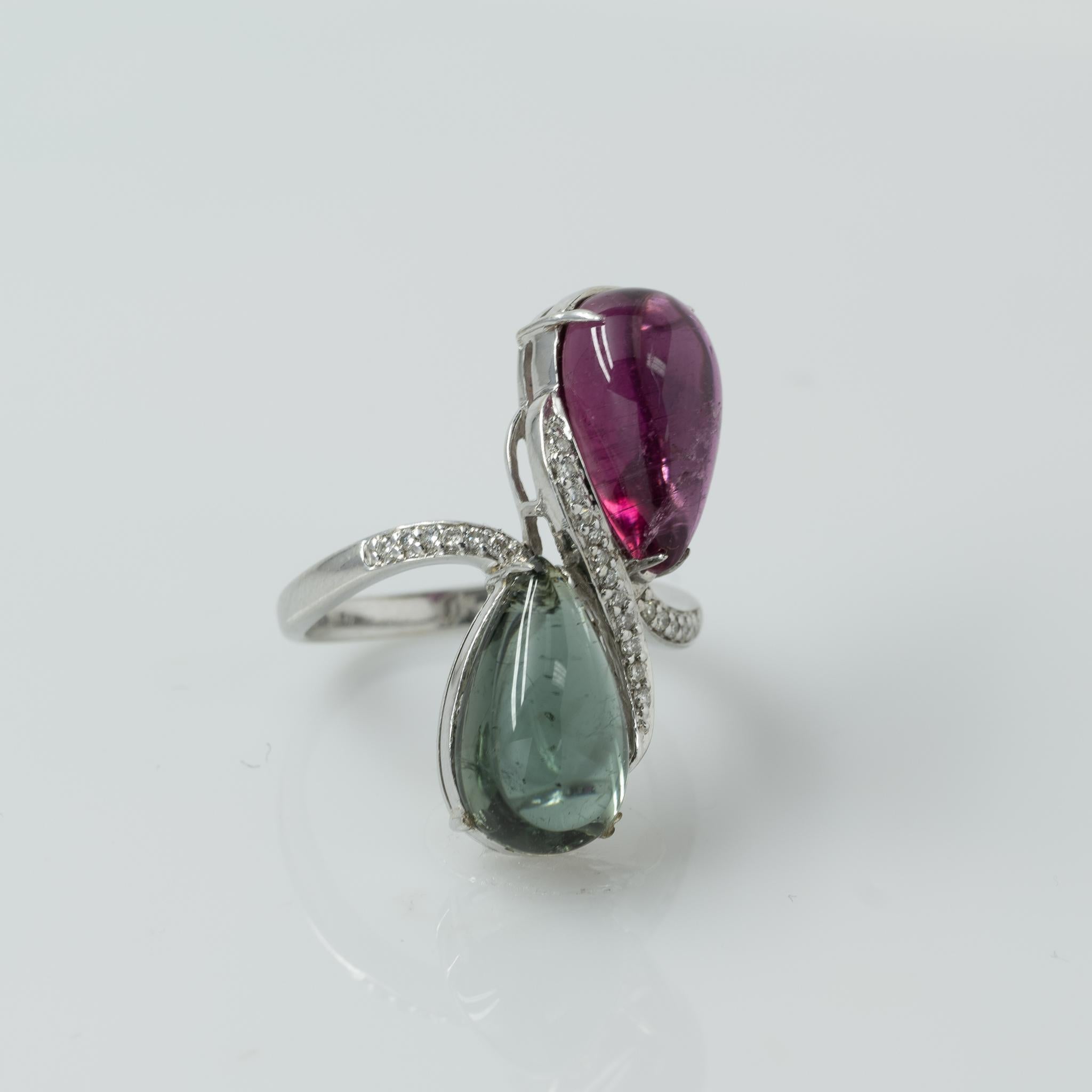 Rosa & Grüner Turmalin Birnen-Cabochon-Cocktailring 14k Weißgold und Diamanten 2