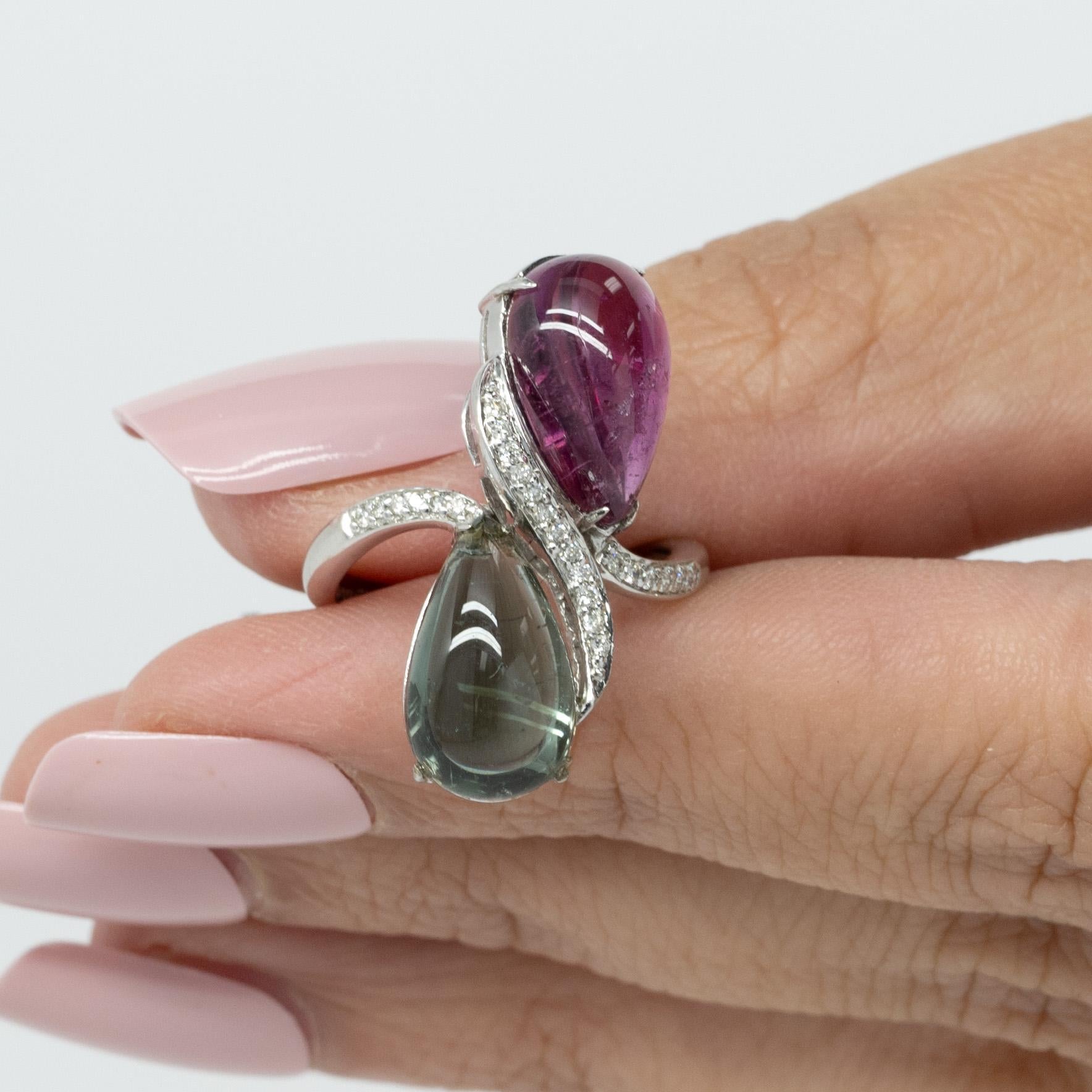 Rosa & Grüner Turmalin Birnen-Cabochon-Cocktailring 14k Weißgold und Diamanten 3