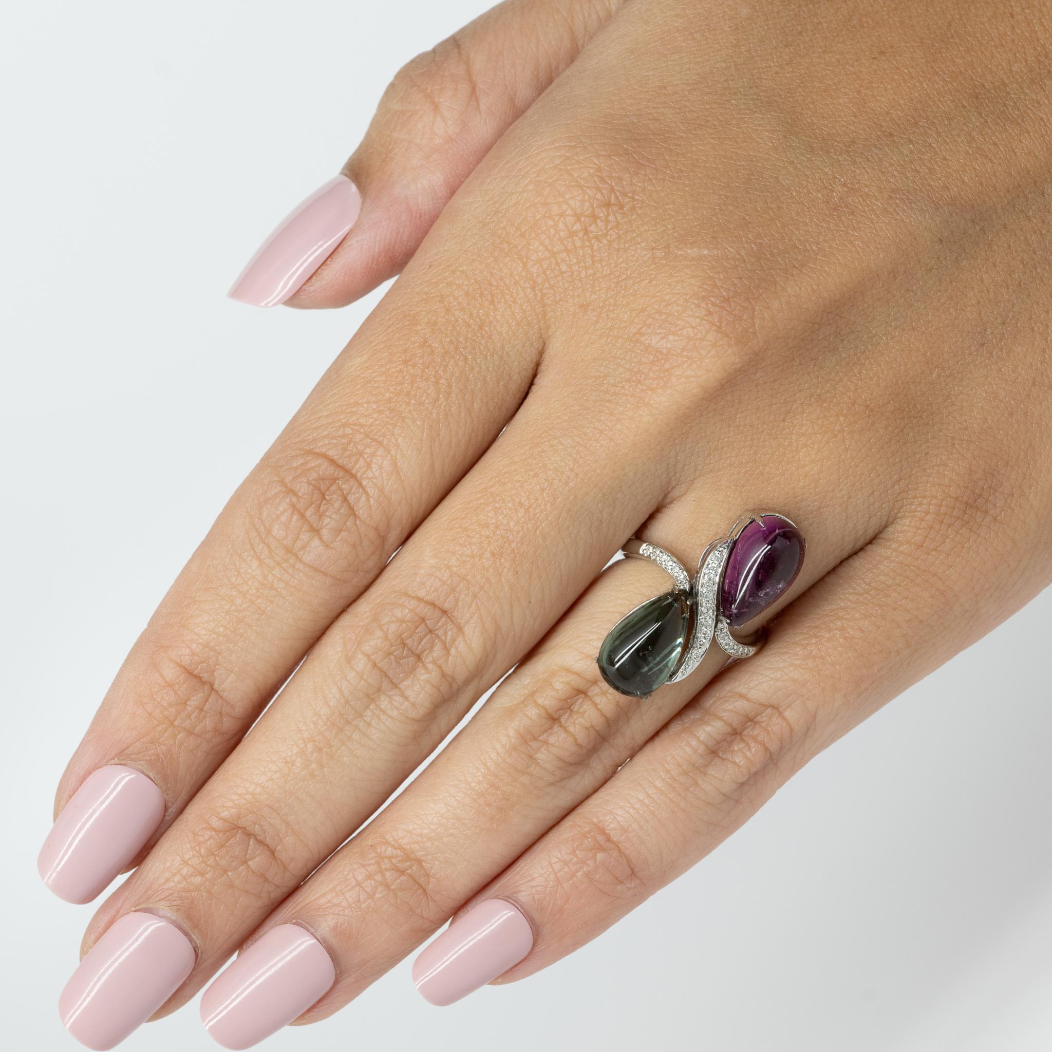 Rosa & Grüner Turmalin Birnen-Cabochon-Cocktailring 14k Weißgold und Diamanten 4