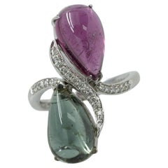 Rosa & Grüner Turmalin Birnen-Cabochon-Cocktailring 14k Weißgold und Diamanten
