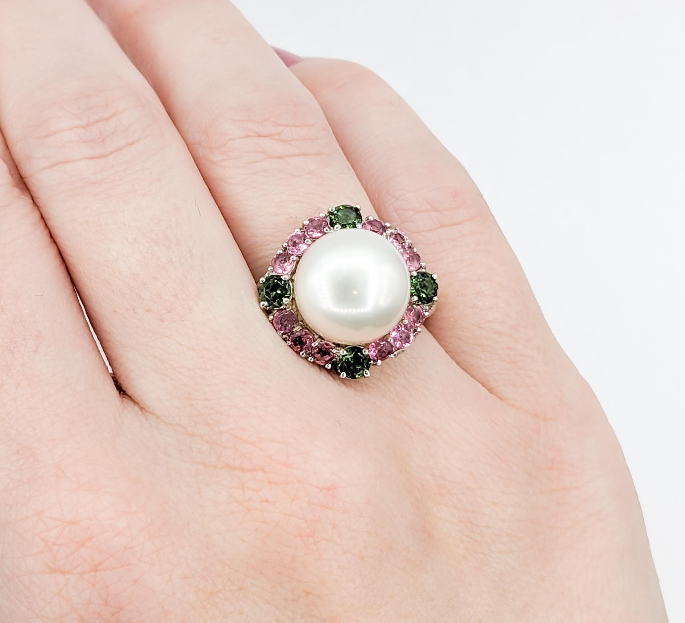 Rosa & Grüner Turmalin Perlen Halo Ring (Rundschliff)