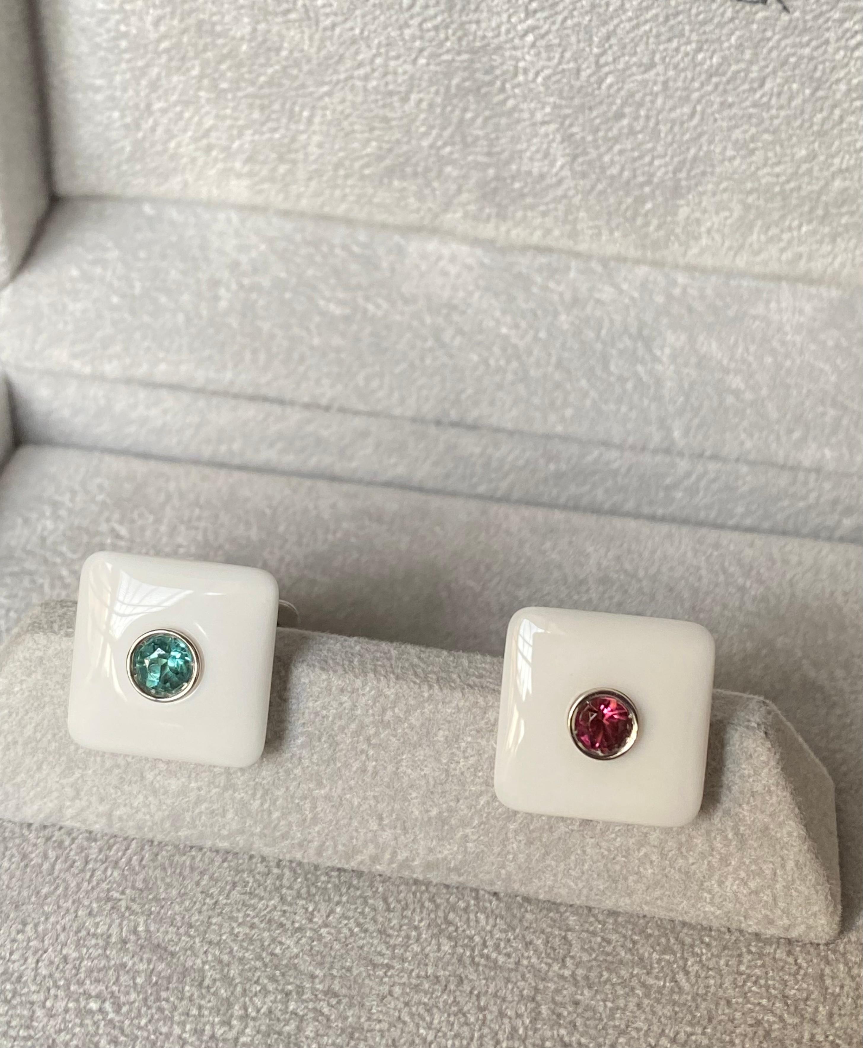 Pink Green Tourmaline White Agate 18 Kt Gold Made in Italy Cufflinks For Sale 3