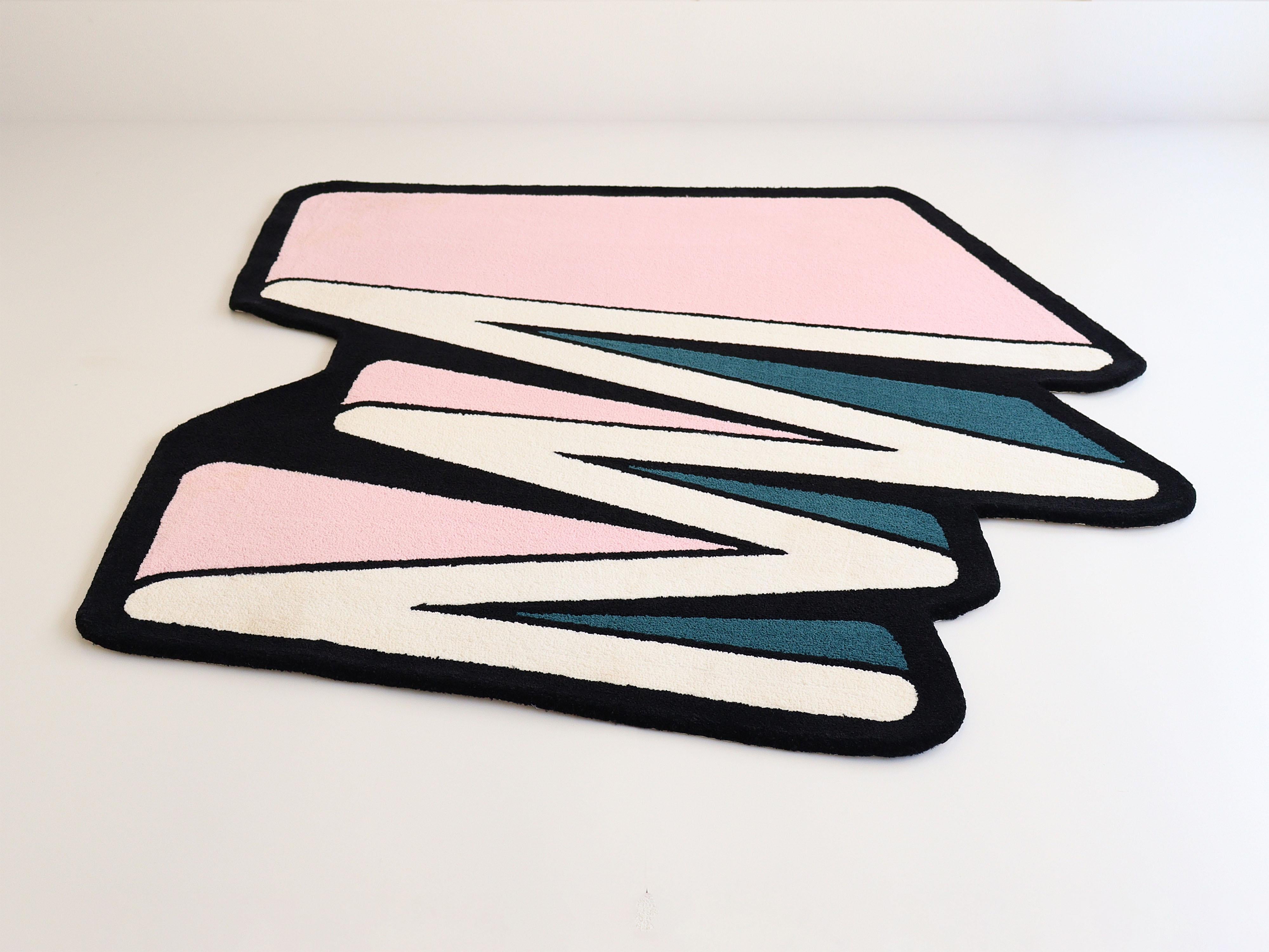 Modern Pink, Green, White & Black Zigzag Rug from Graffiti Collection by Paulo Kobylka For Sale