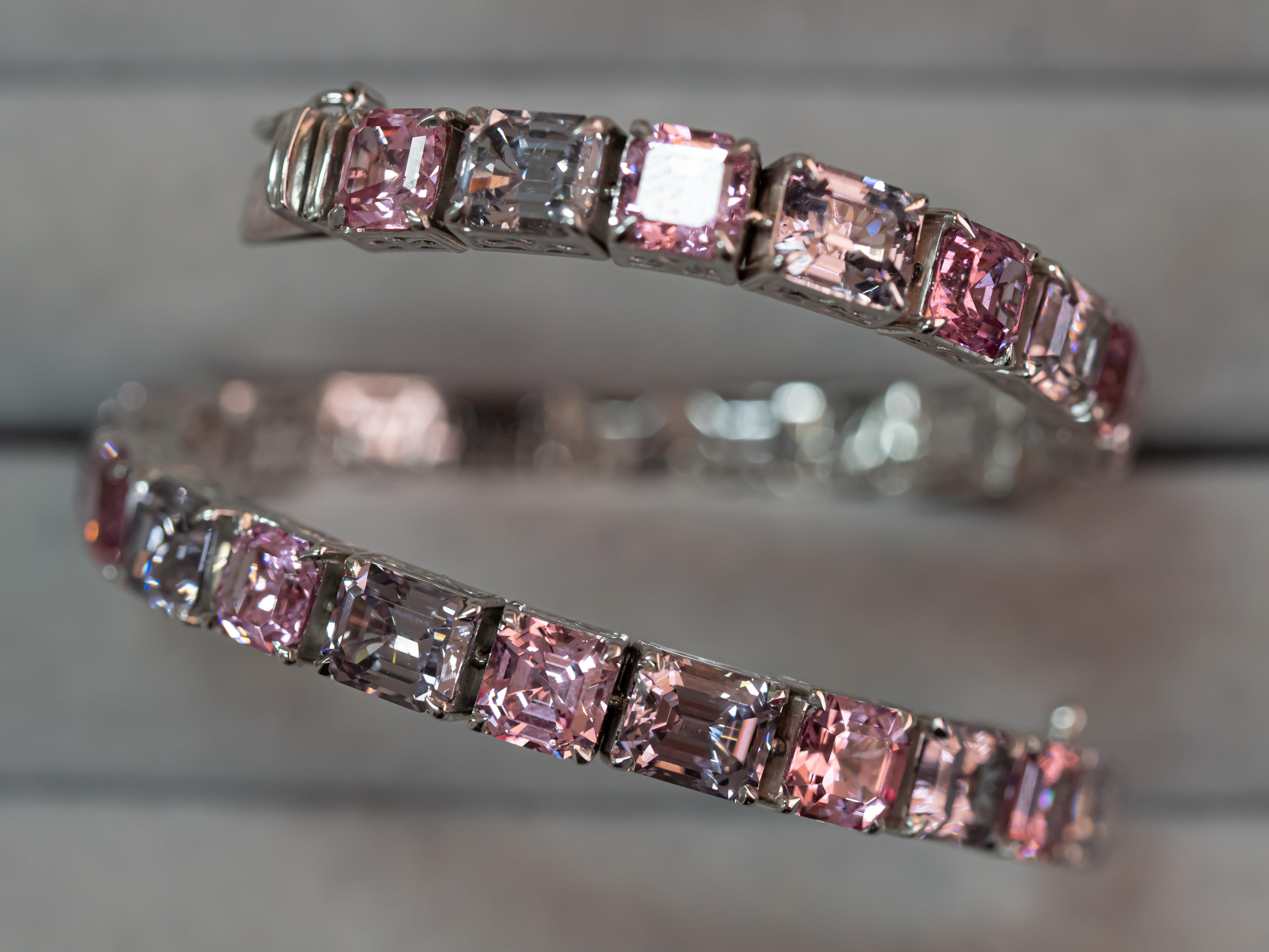 • 18k White Gold.
• Pink Spinels in asscher cut – total carat weight – 25.26. 
• Bracelet Size – 
• Product Weight – 21.94 grams.

