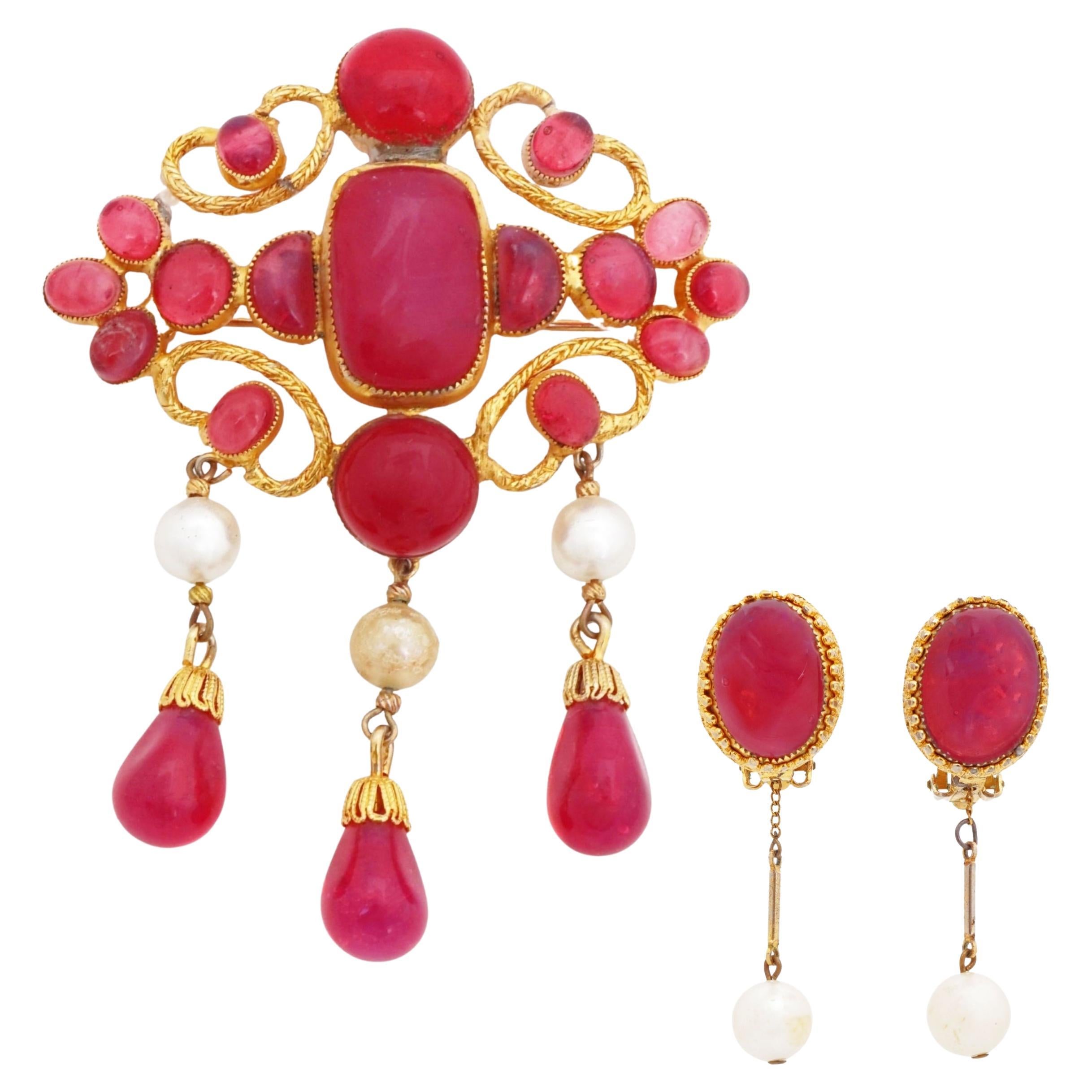 Pink Gripoix Glass Gilded Scroll Brooch and Earring Set By DeNicola, 1950s For Sale