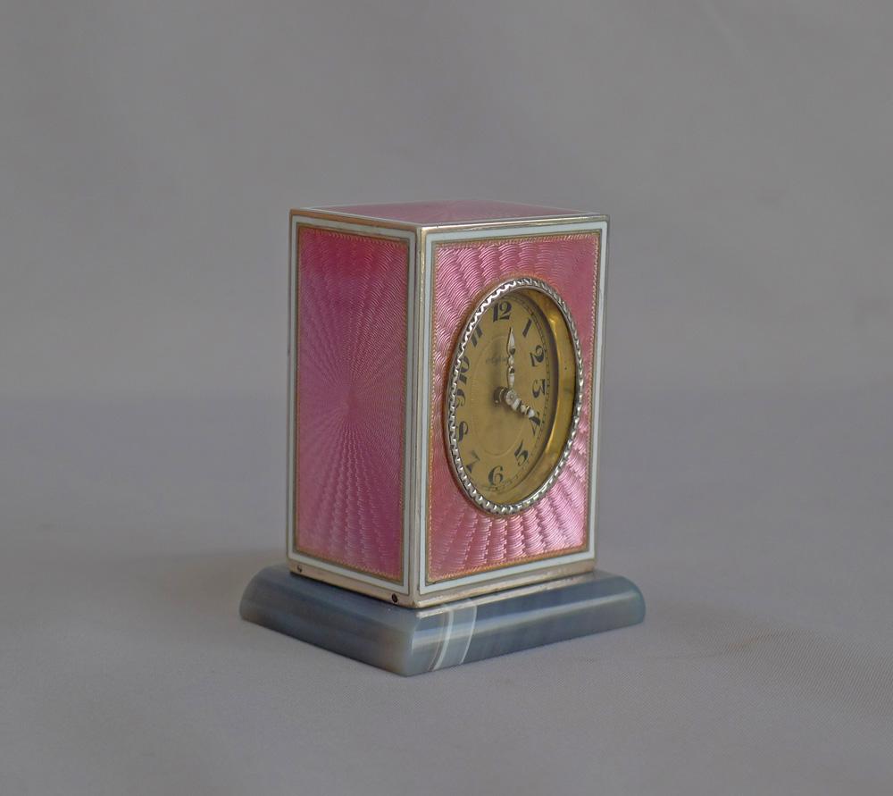 Swiss Pink Guilloche Enamel and Silver Sub-Miniature Carriage Clock by Asprey