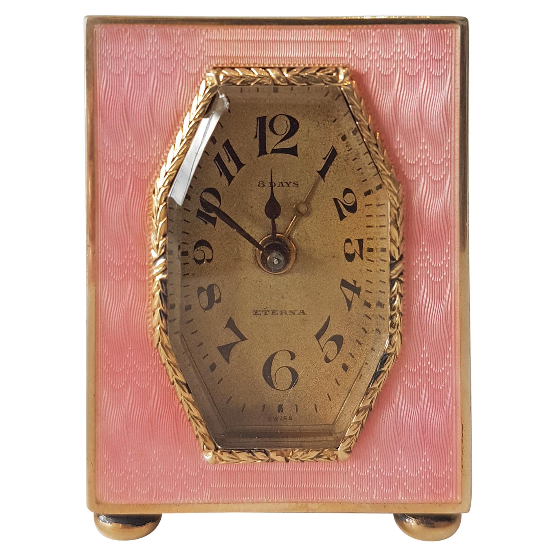 Pink Guilloche Enamel Silver Gilt Sub-Miniature Carriage Clock with Alarm