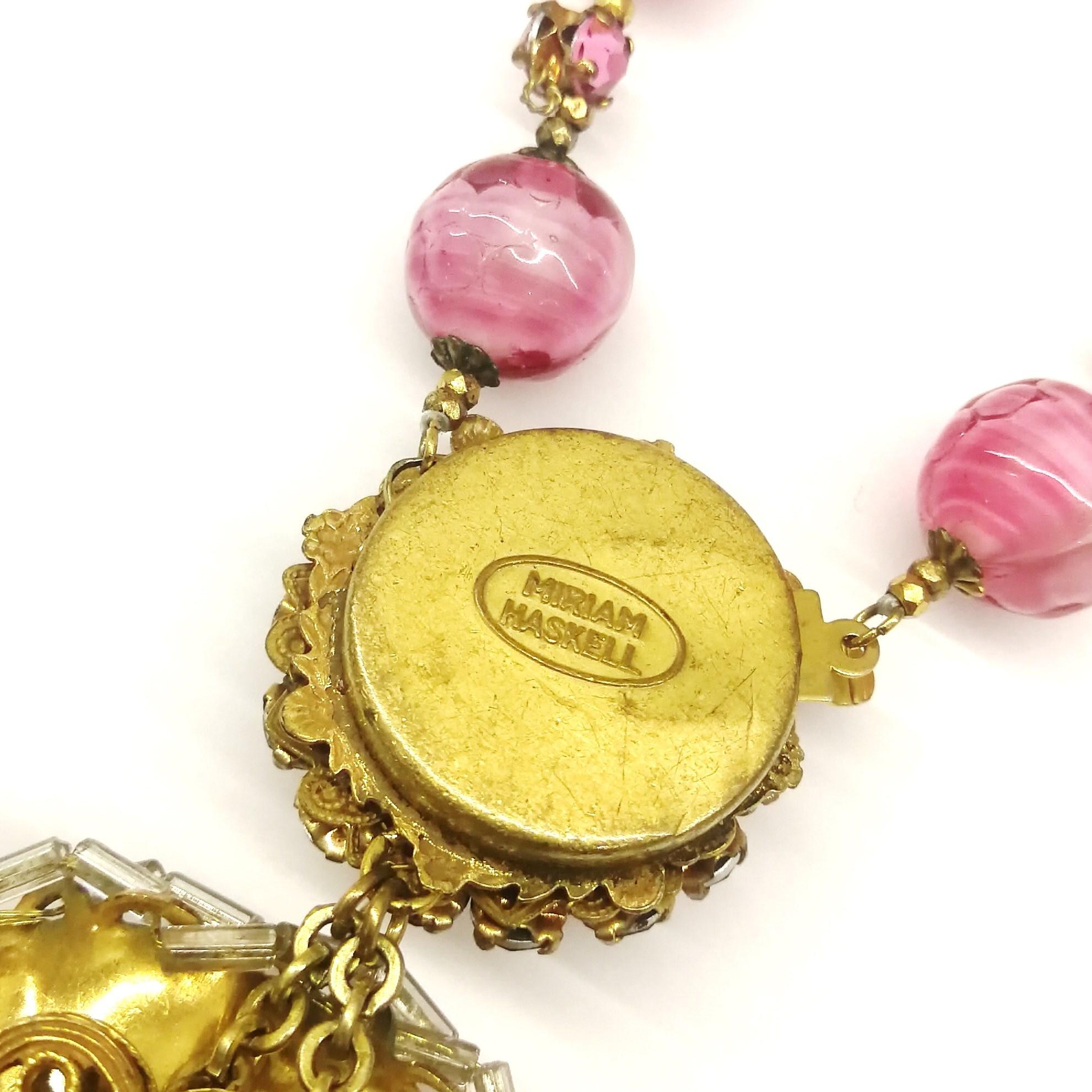 Pink hand blown glass bead and paste 'rosette' pendant, Miriam Haskell, 1960s 6