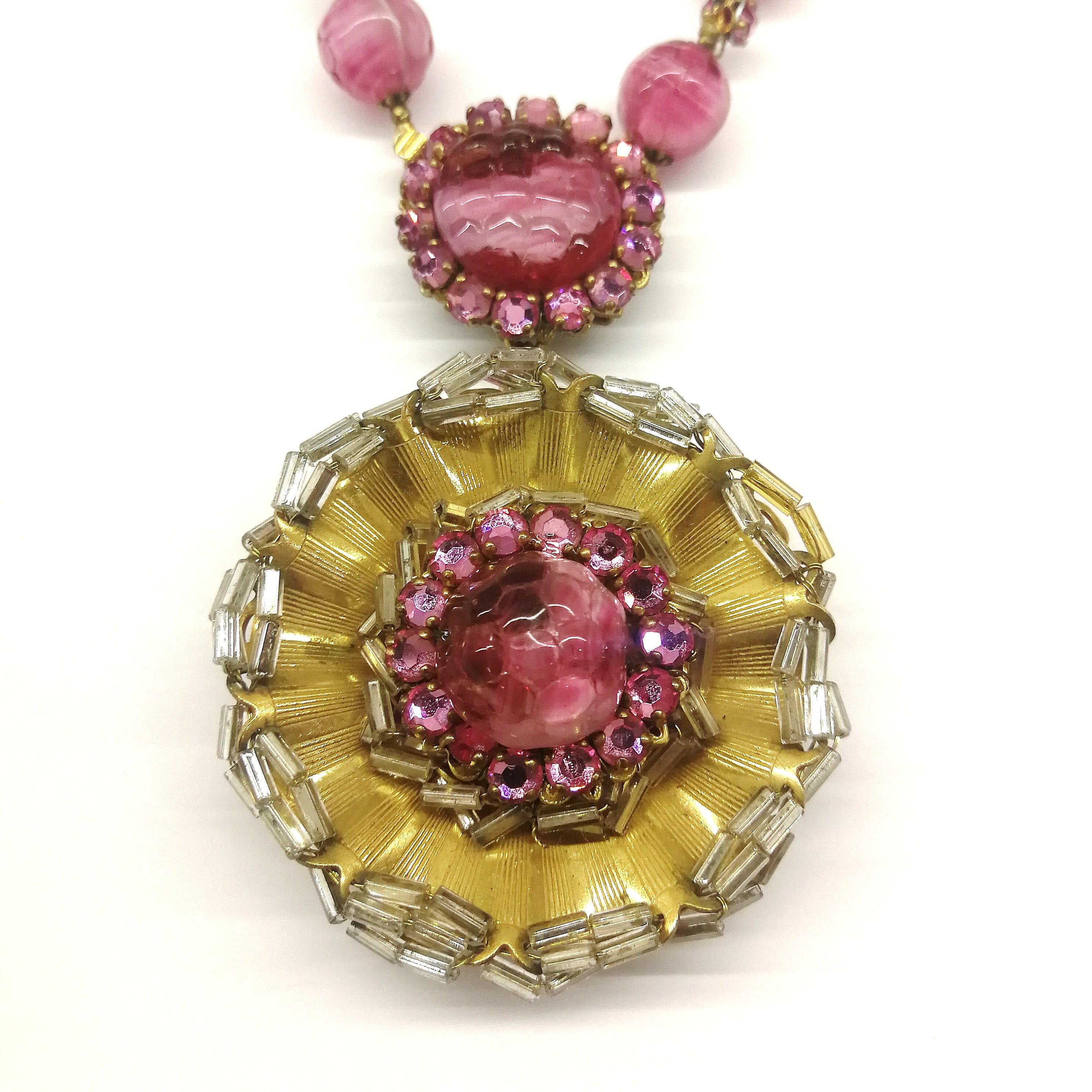 Pink hand blown glass bead and paste 'rosette' pendant, Miriam Haskell, 1960s 8