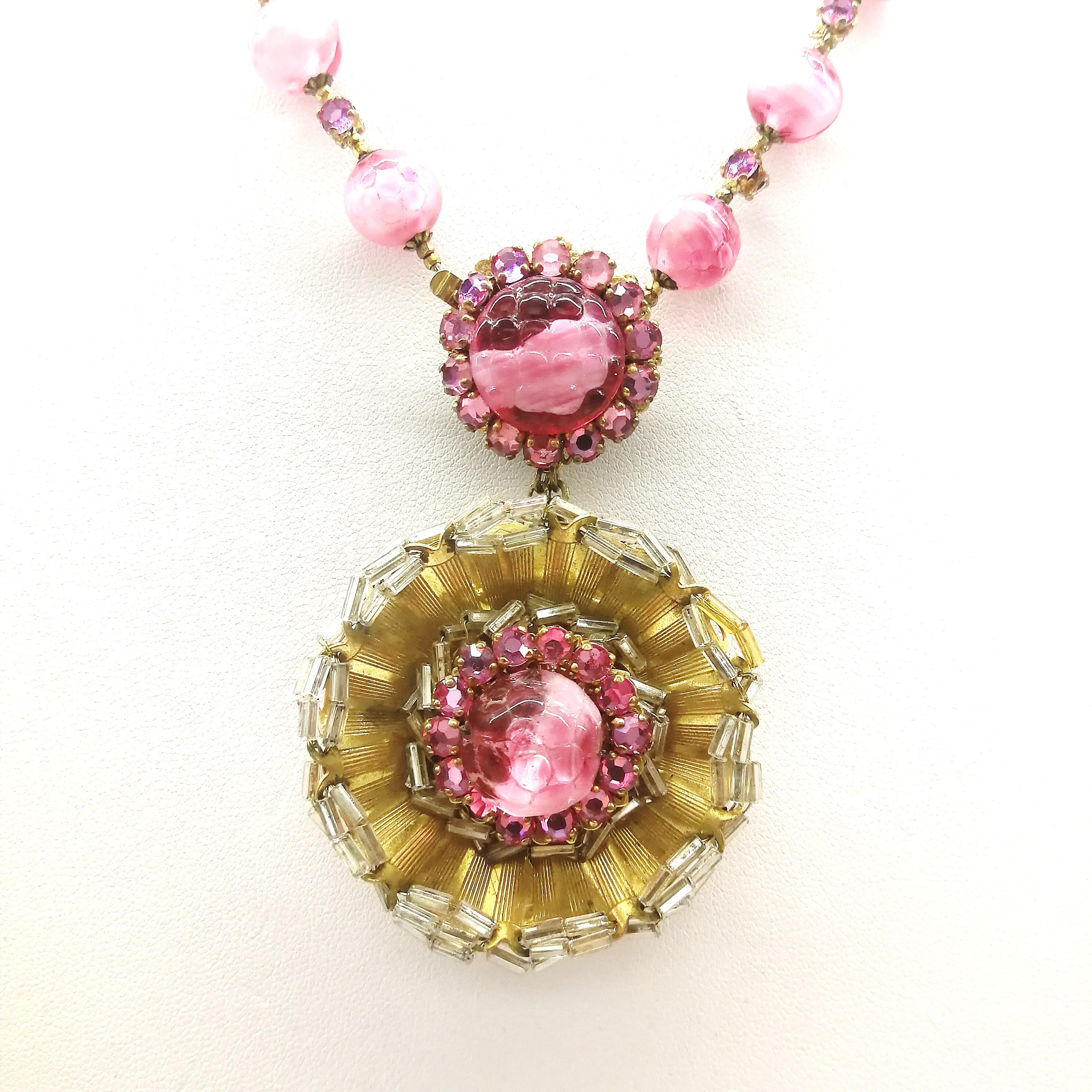 Pink hand blown glass bead and paste 'rosette' pendant, Miriam Haskell, 1960s In Excellent Condition In Greyabbey, County Down