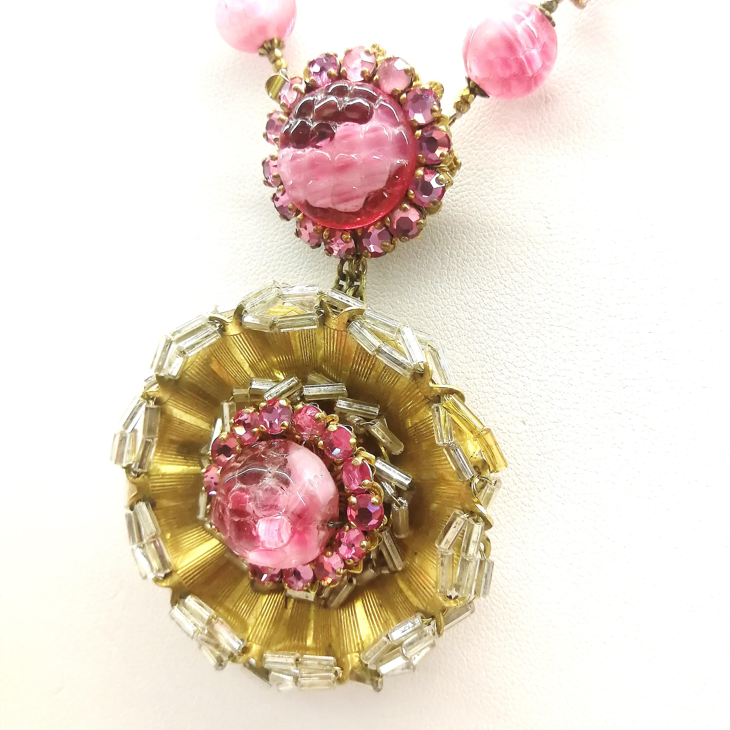 Women's Pink hand blown glass bead and paste 'rosette' pendant, Miriam Haskell, 1960s