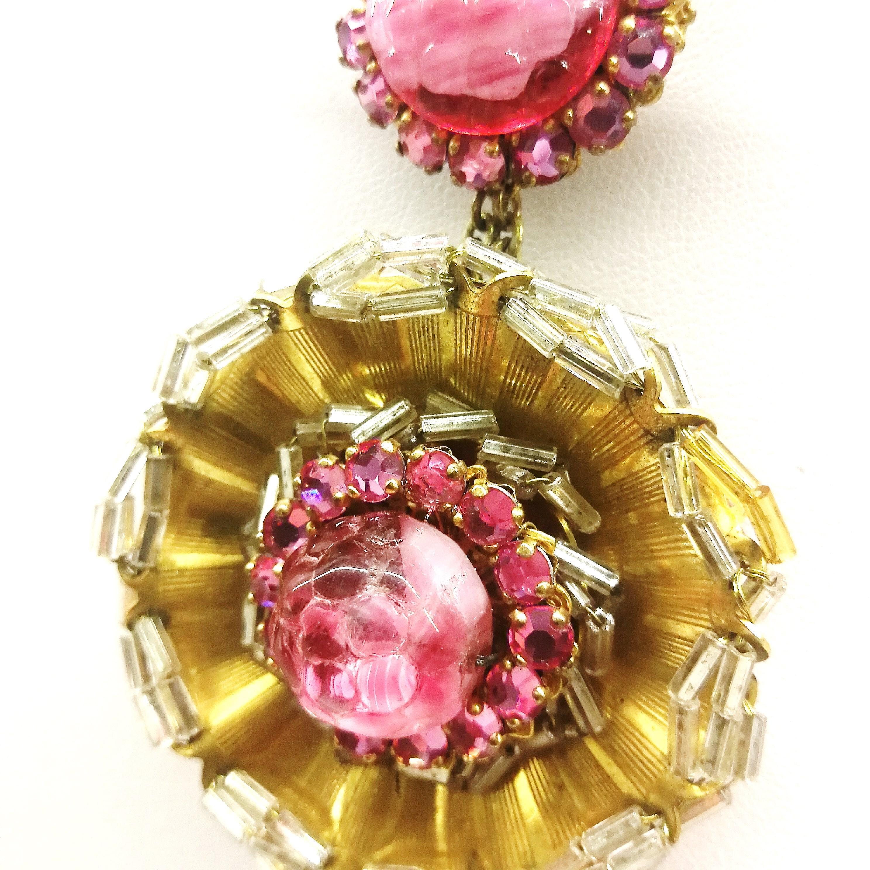 Pink hand blown glass bead and paste 'rosette' pendant, Miriam Haskell, 1960s 1