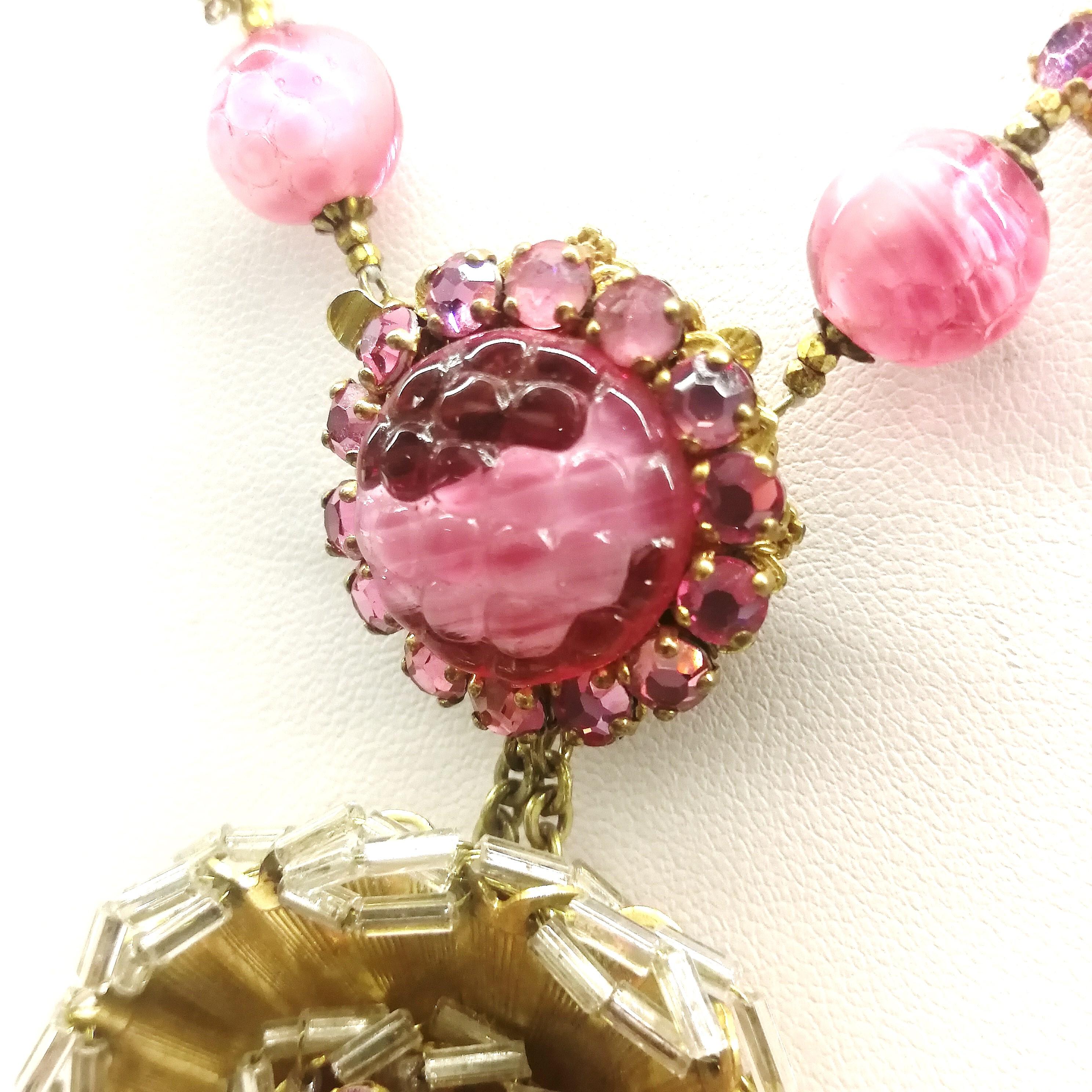 Pink hand blown glass bead and paste 'rosette' pendant, Miriam Haskell, 1960s 2