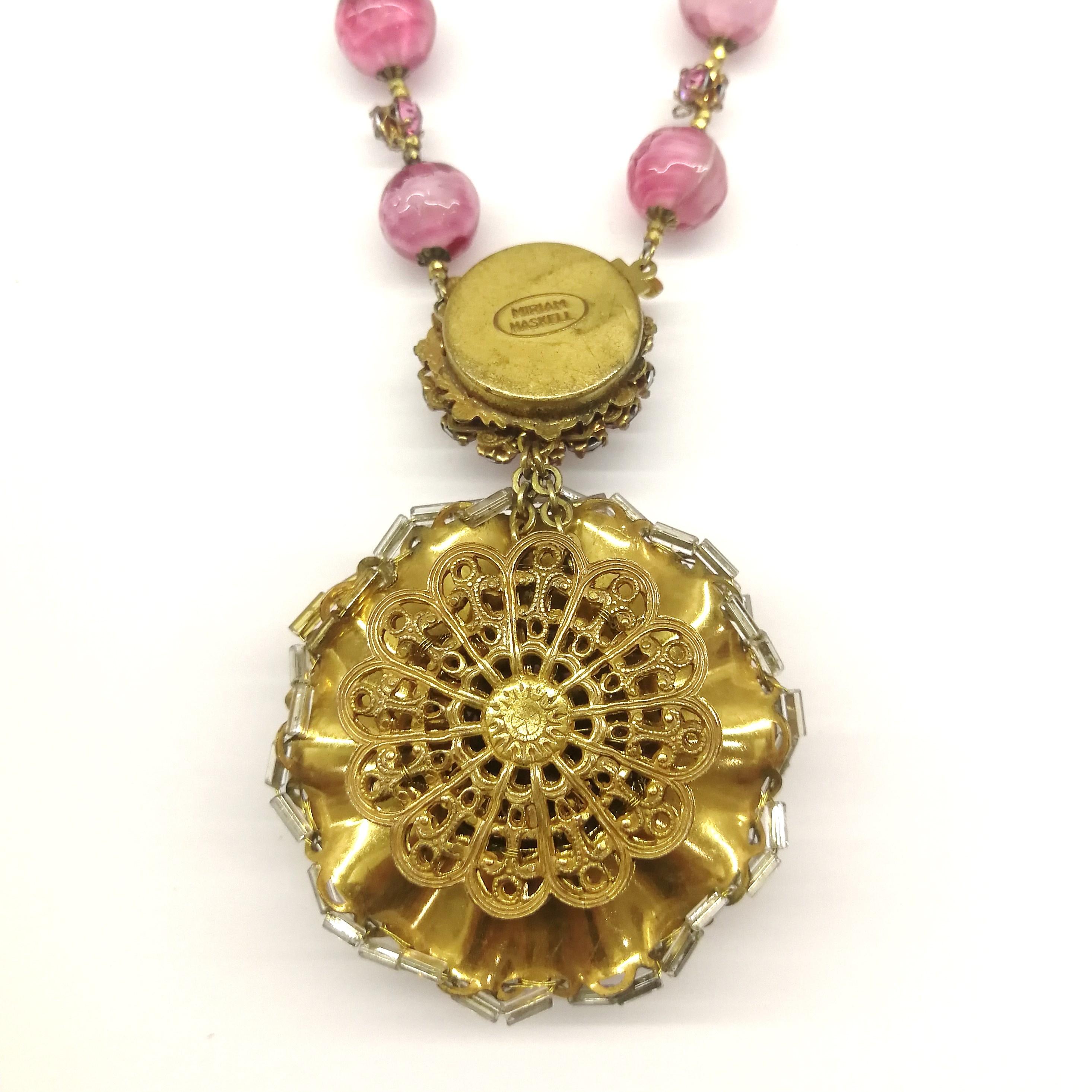 Pink hand blown glass bead and paste 'rosette' pendant, Miriam Haskell, 1960s 3