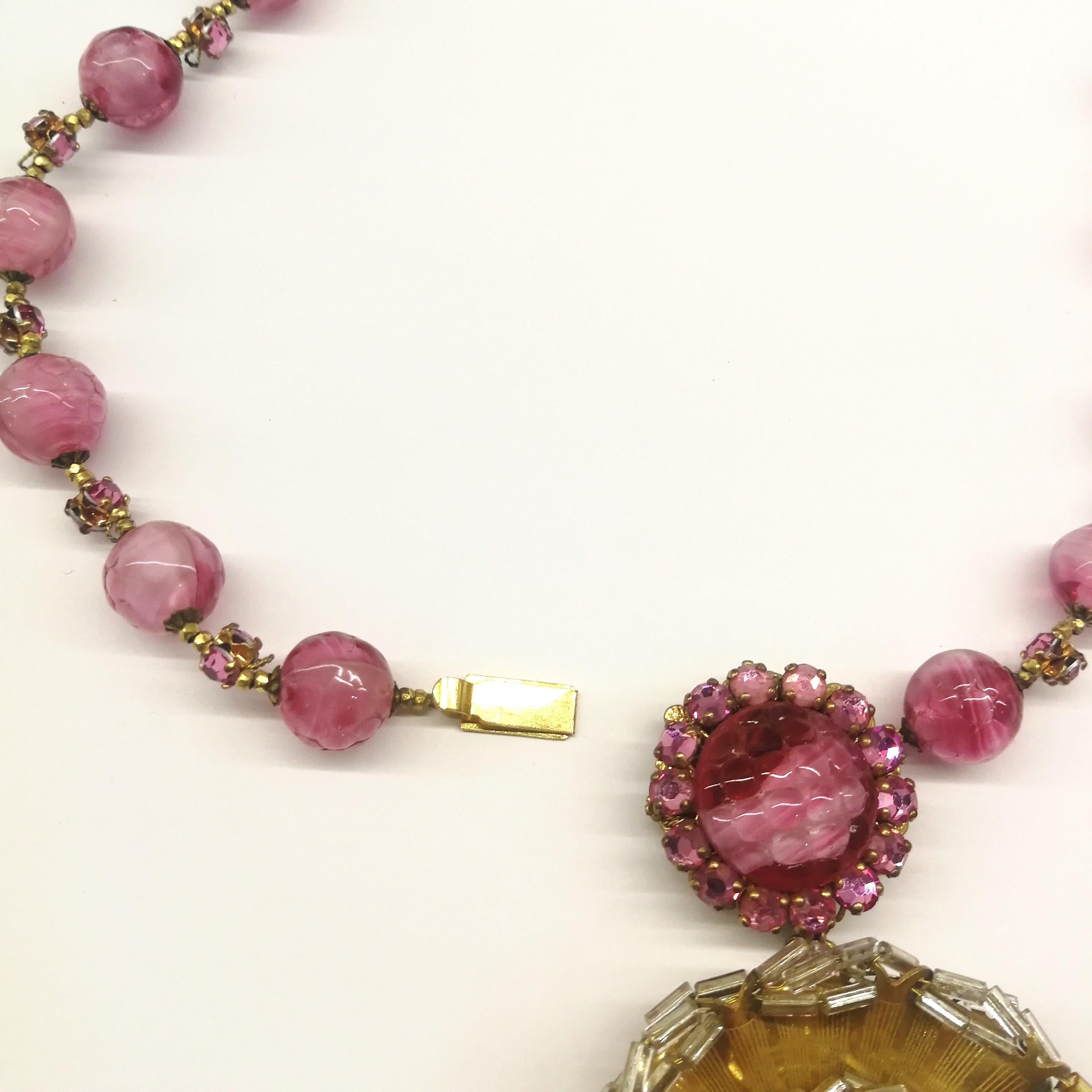 Pink hand blown glass bead and paste 'rosette' pendant, Miriam Haskell, 1960s 4