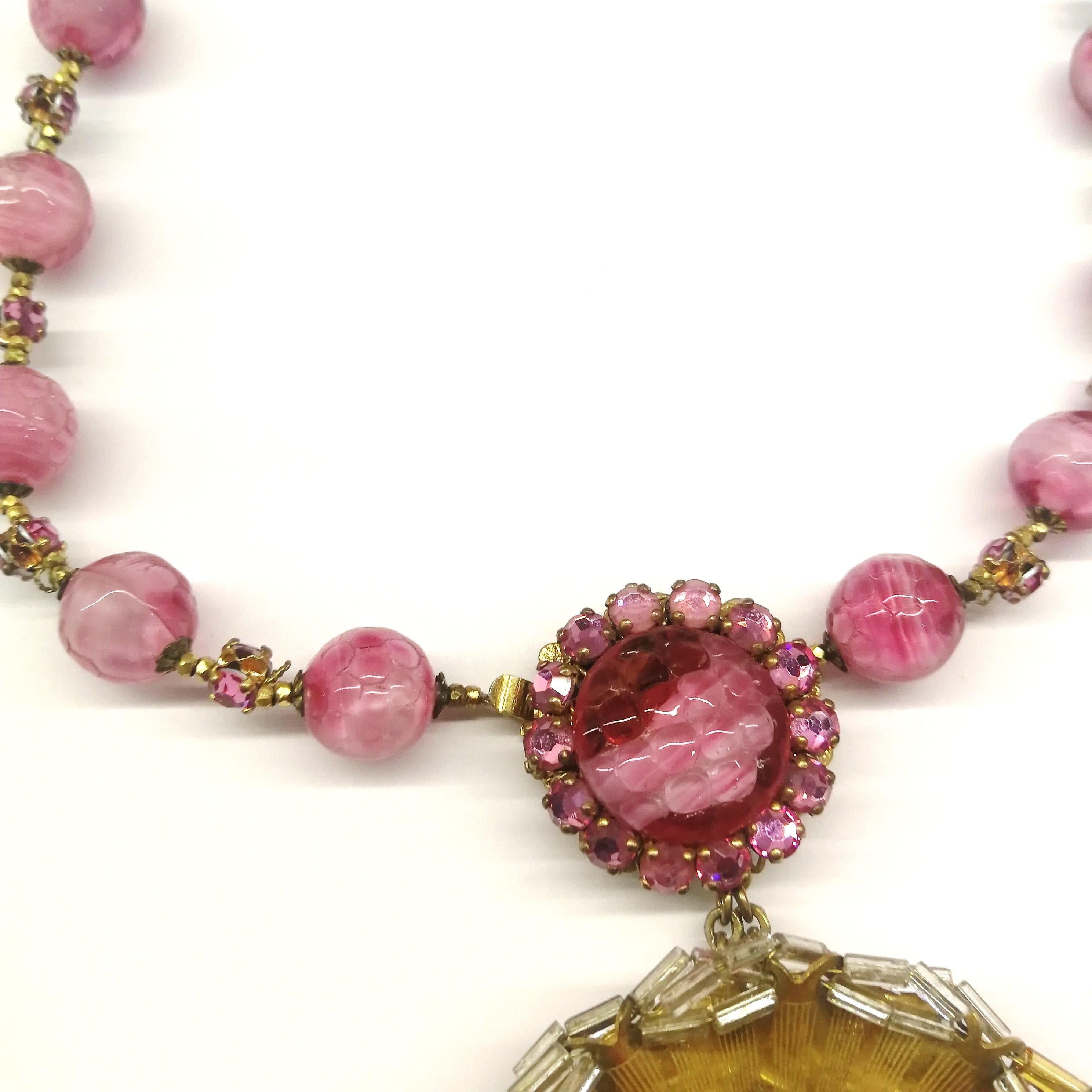 Pink hand blown glass bead and paste 'rosette' pendant, Miriam Haskell, 1960s 5