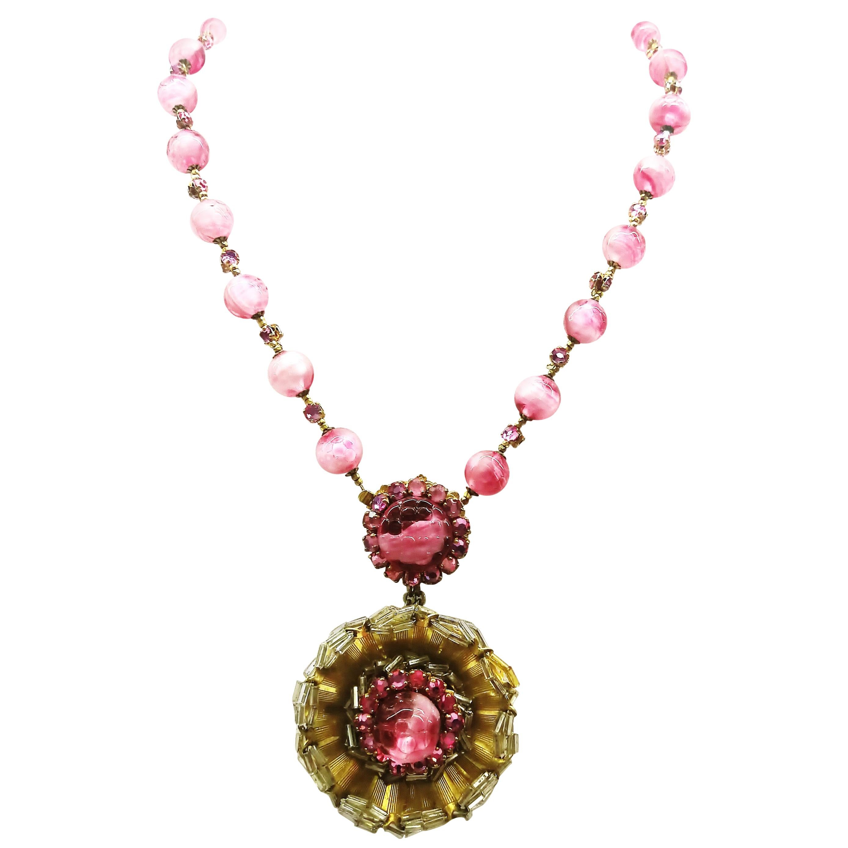 Pink hand blown glass bead and paste 'rosette' pendant, Miriam Haskell, 1960s