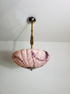 Pink Hand Carved Alabaster and Brass Ceiling Lamp, 1930s, Germany
