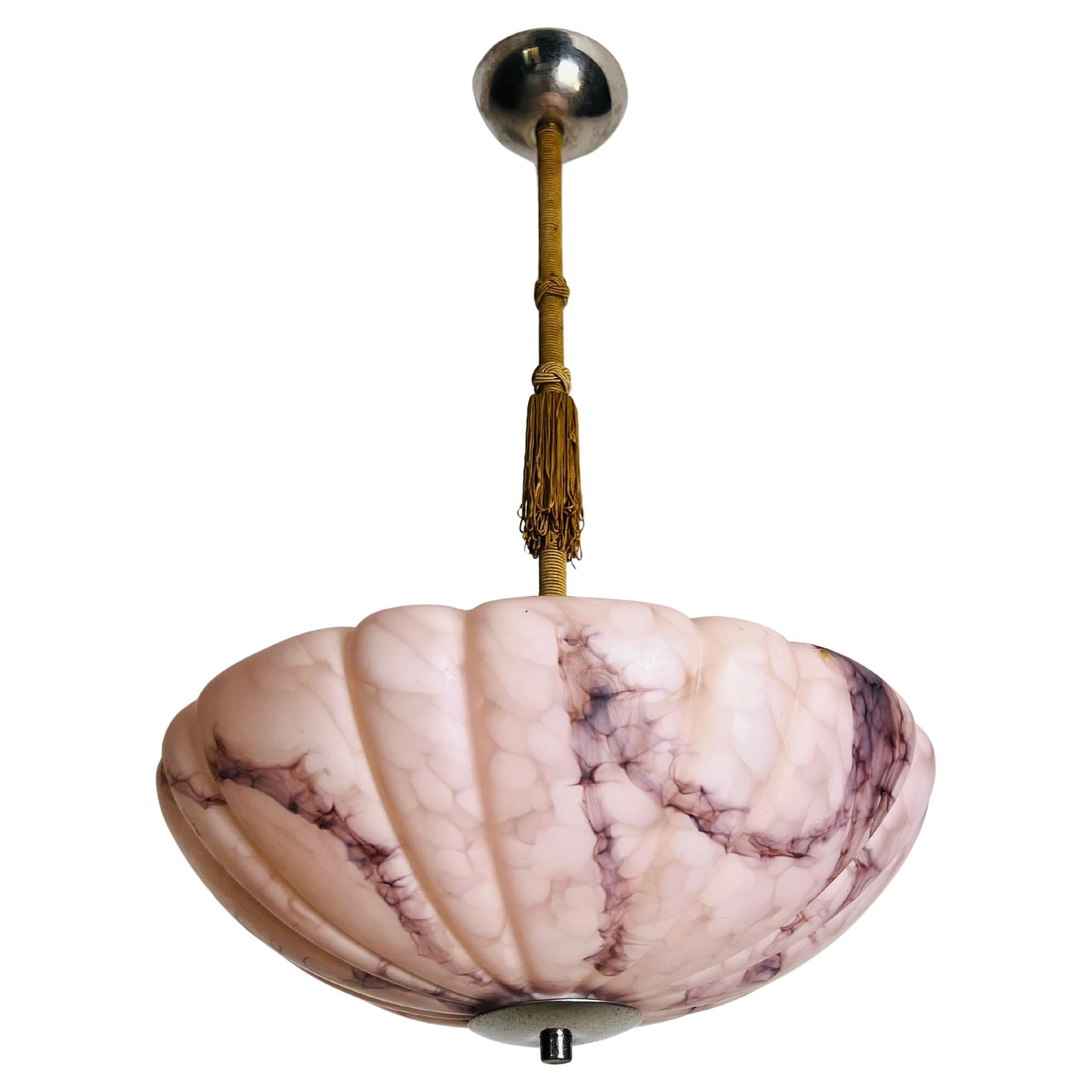 Pink Hand Carved Alabaster and Brass Ceiling Lamp, 1930s, Germany