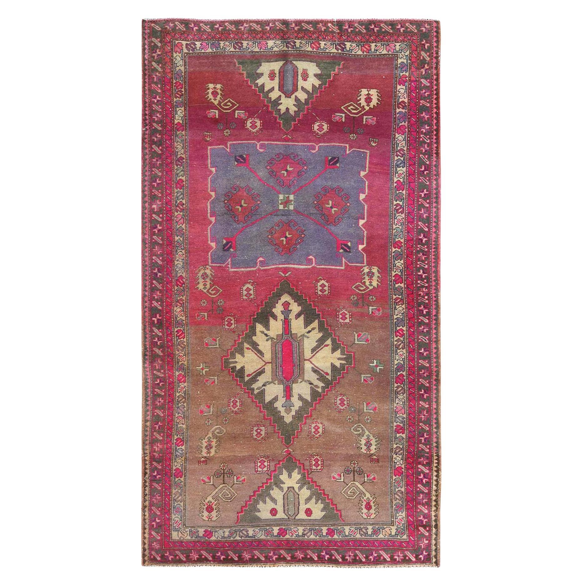 Pink Hand Knotted Bohemian Northwest Persian Abrash Worn Down Pure Wool Rug For Sale