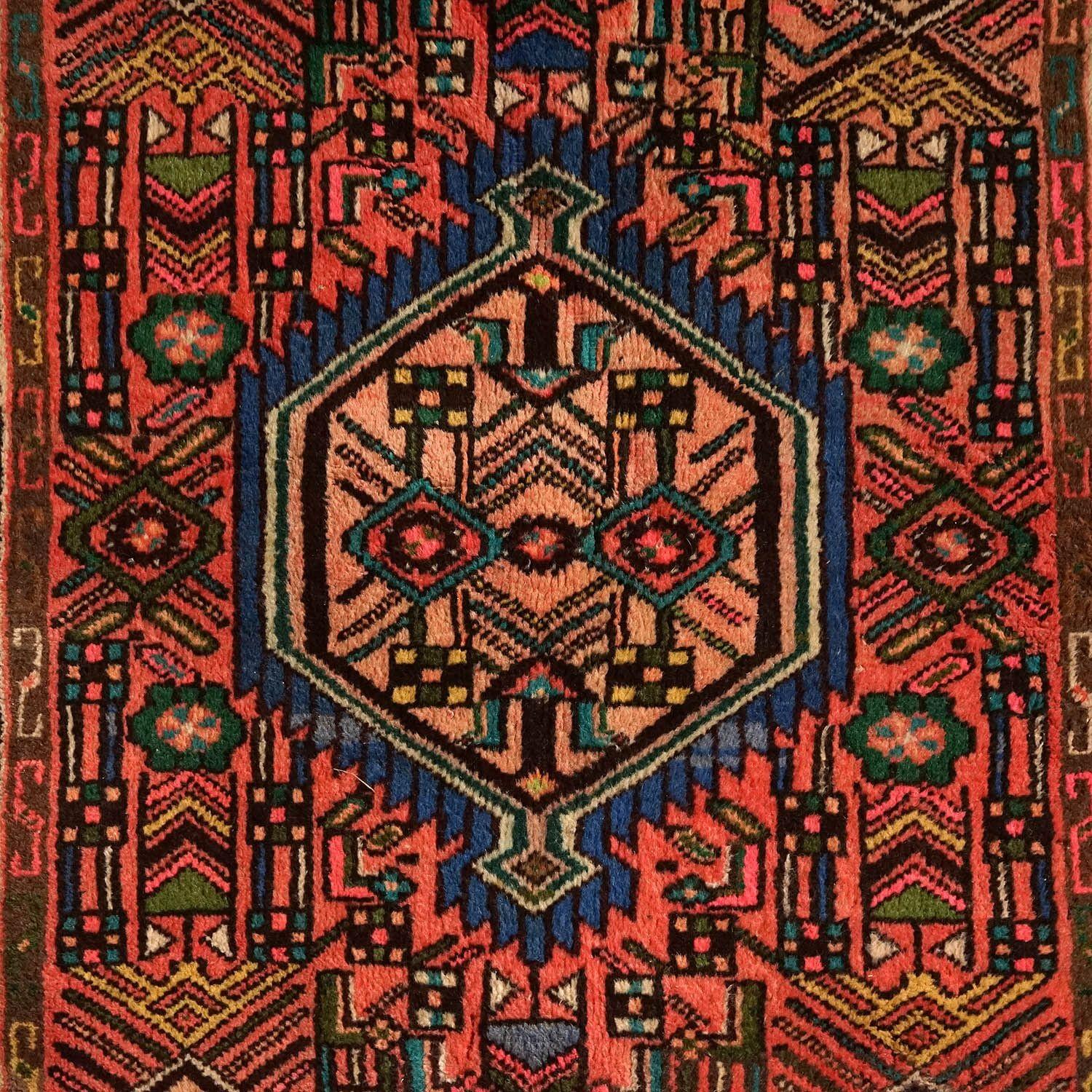 ANTIQUE SMALL HANDWOVEN WOOL CARPET
A skillfully made rug using a wonderfully rich colour palette and geometric designs.
Probably dating to somewhere in the early to the mid-20th century.
It is in very good vintage condition, it has some wear which
