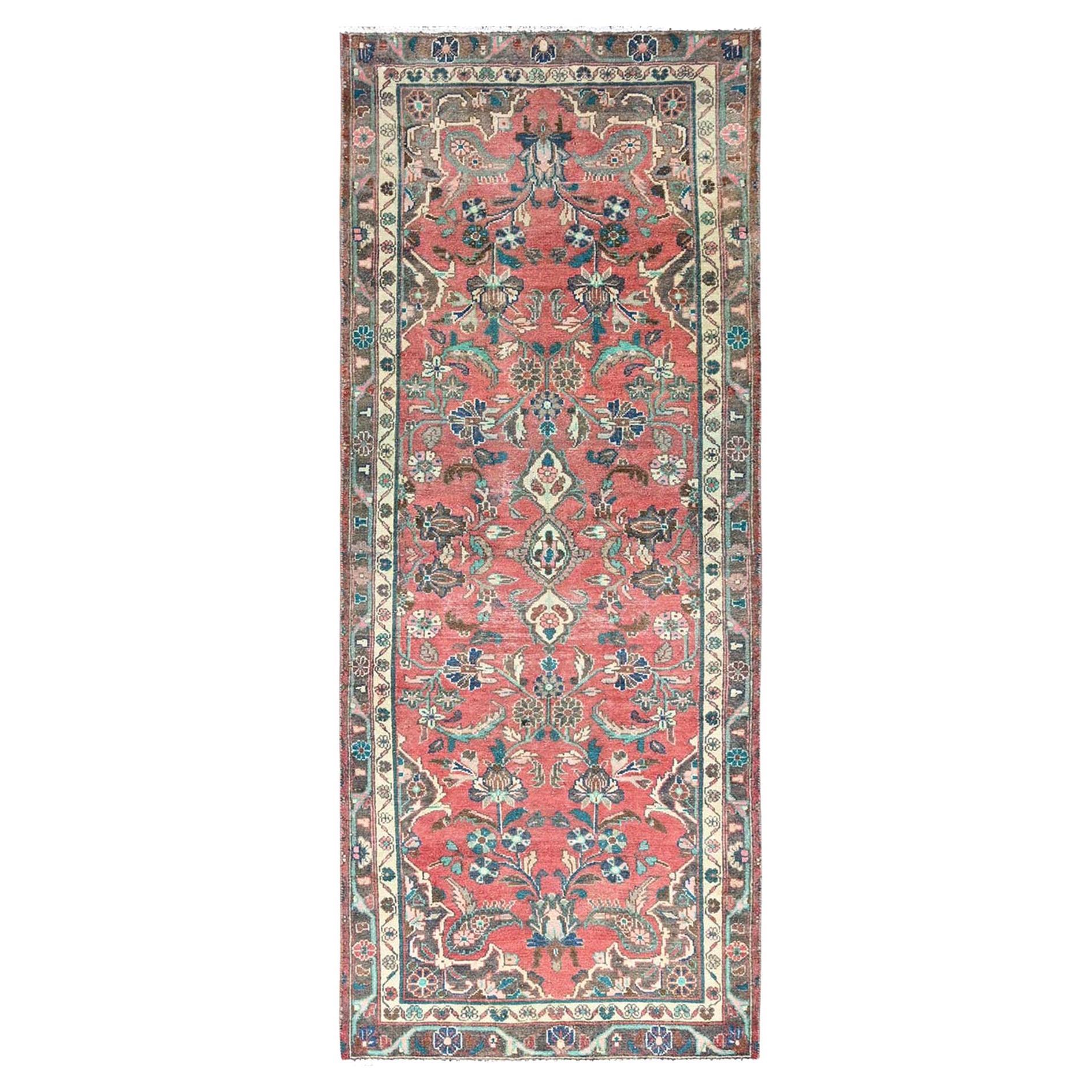 Pink Hand Knotted Old Persian Lilahan Rustic Look Abrash Wool Clean Runner Rug For Sale