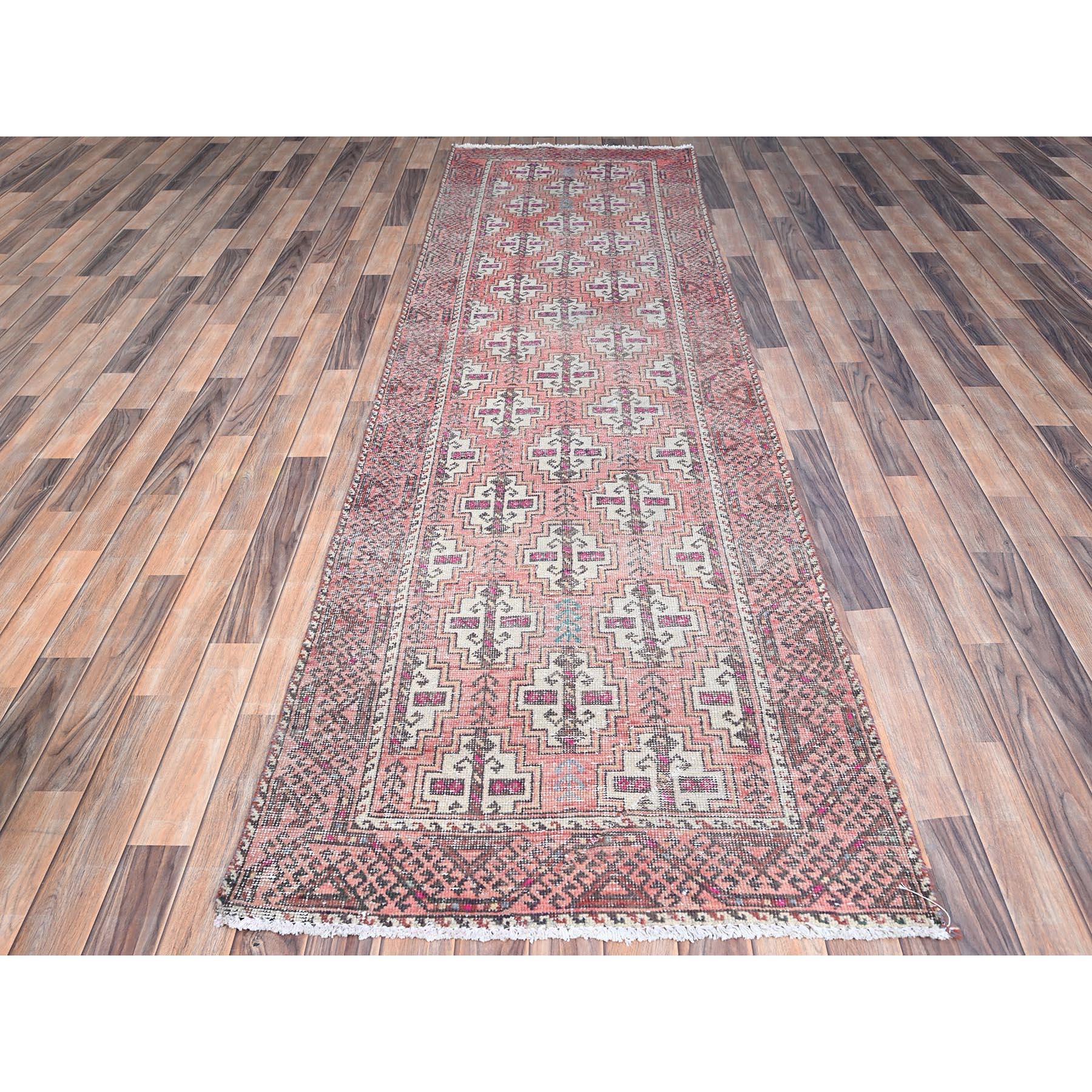 Medieval Pink Hand Knotted Vintage Persian Baluch Abrash Clean Soft Wool Runner Rug For Sale