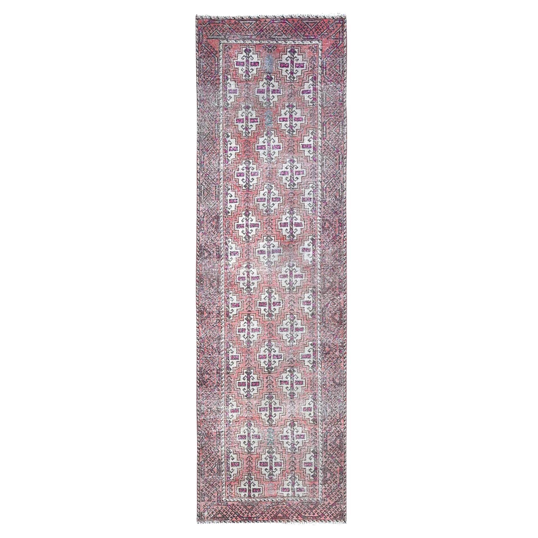 Pink Hand Knotted Vintage Persian Baluch Abrash Clean Soft Wool Runner Rug