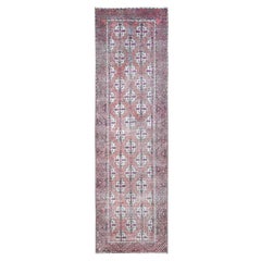 Pink Hand Knotted Retro Persian Baluch Abrash Clean Soft Wool Runner Rug